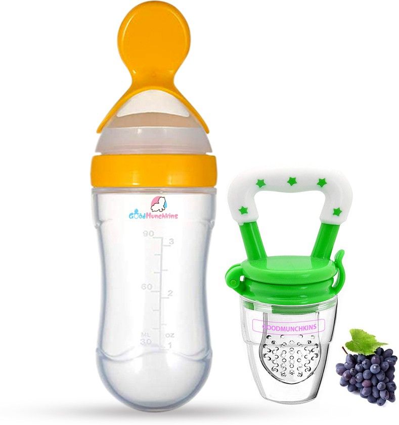 Silicon Food Feeder - Silicon Fruit Feeding Nipple for Baby Food Grade Silicon Container and Nipple BPA Free Combo Pack of 2- Silicon Food Container & Nipple, Food Grade Plastic Caps