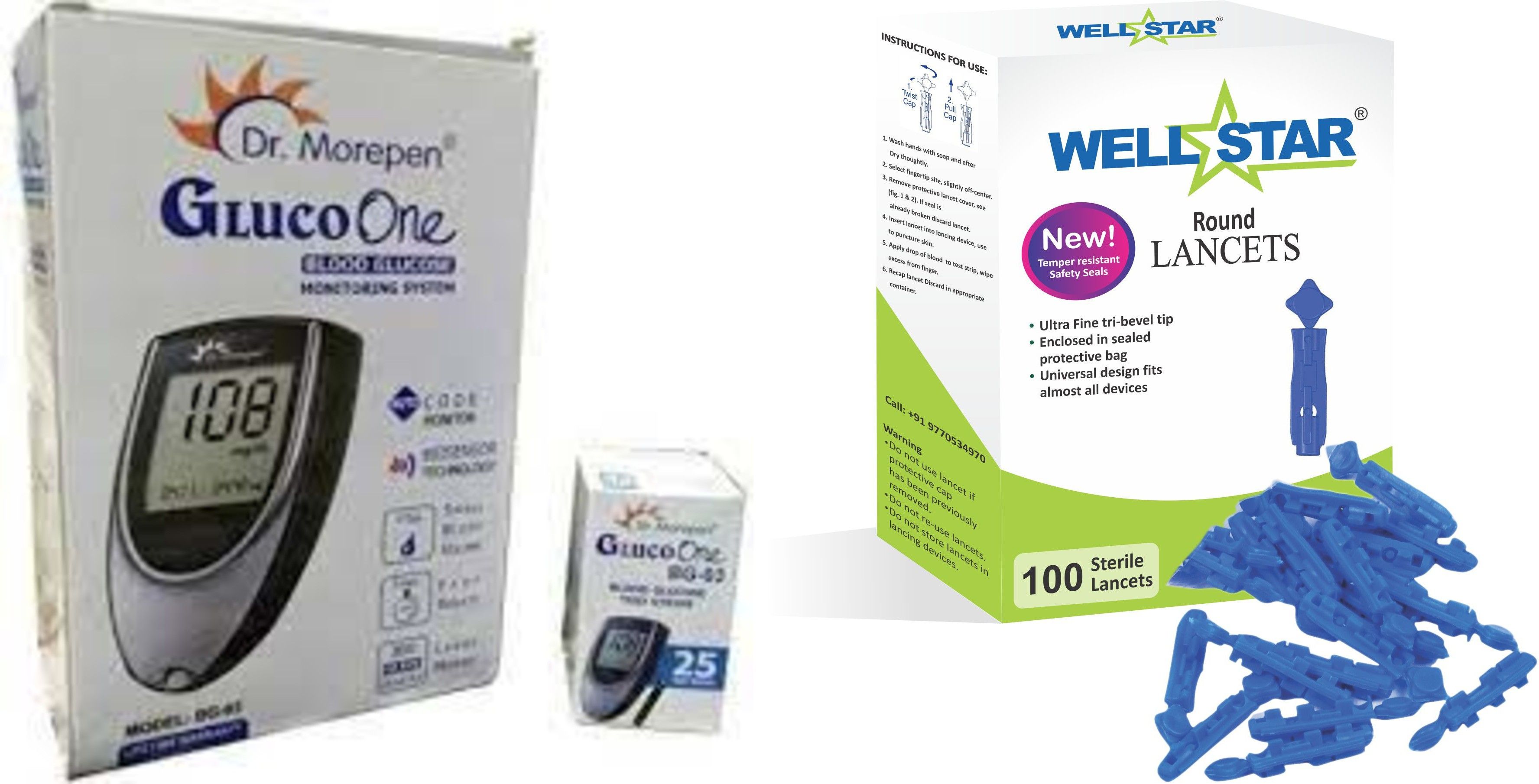Wellstar MOREPEN BG-03 Glucometer with 25 Strips and 100 Round Lancets Glucometer Lancets-image-27