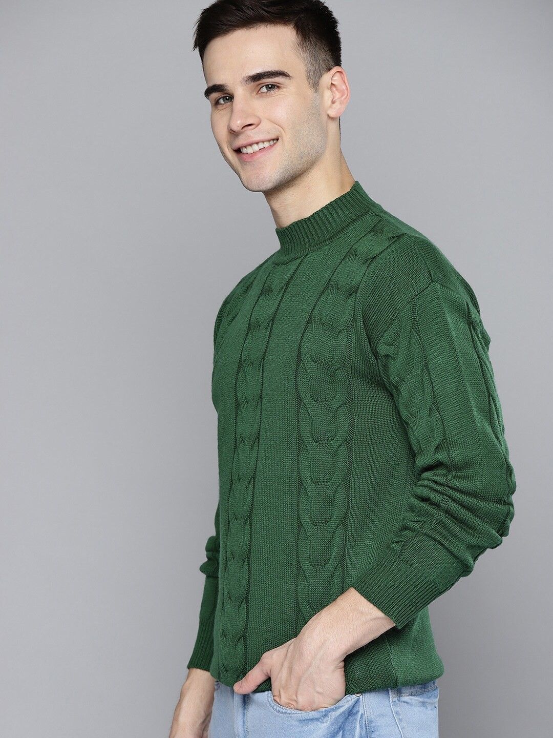 mast & harbour Men Woven High Neck Green Sweater-picture-11