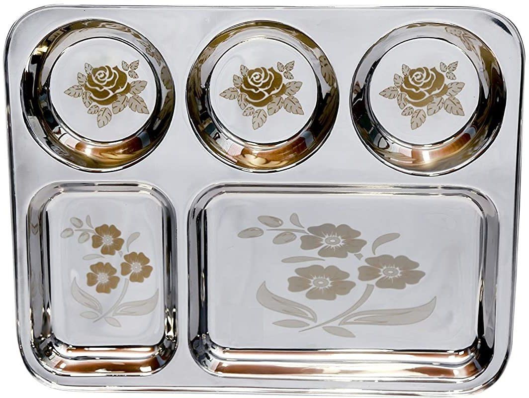 Stainless Steel Lunch/Dinner Plate/Bhojan Thali 5 in 1 Compartments with Mirror Finish, Floral Laser Design in All compartments Dinner Plate-image-45