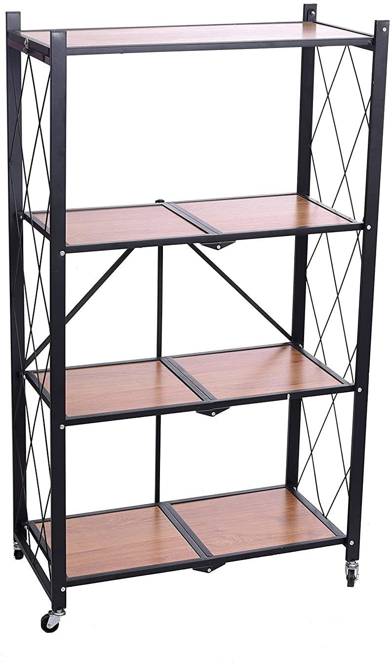 4-Tier Foldable Storage Shelves, Wide Folding Wooden Shelf with Caster Wheels for Garage, Kitchen, Home, Closet, Office, No Assembly Needed Engineered Wood Open Book Shelf-image-3