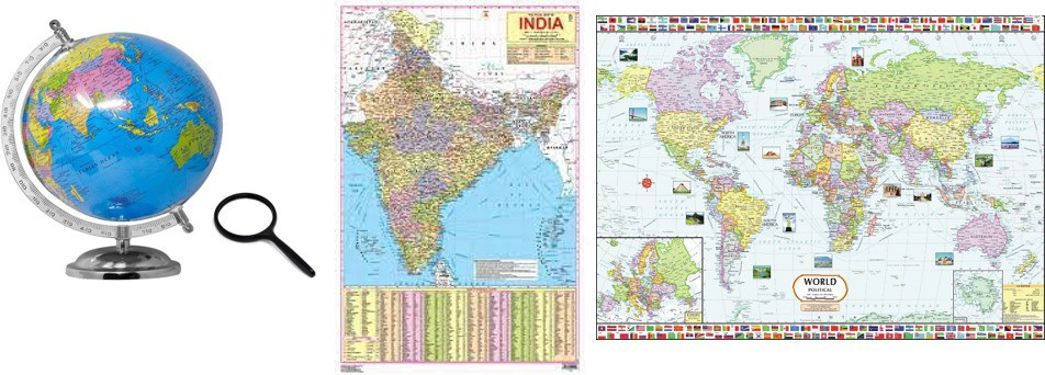 uniique Brand Globe ( 8" ),With folding maps of India and World political, Laminated, with monuments, with Magnifying Lens, Student use, medium Size, Educational learning, with heavy steel finish Arc and Base, Gift item, Office Globe Desk and Table Top Political World Globe image 1