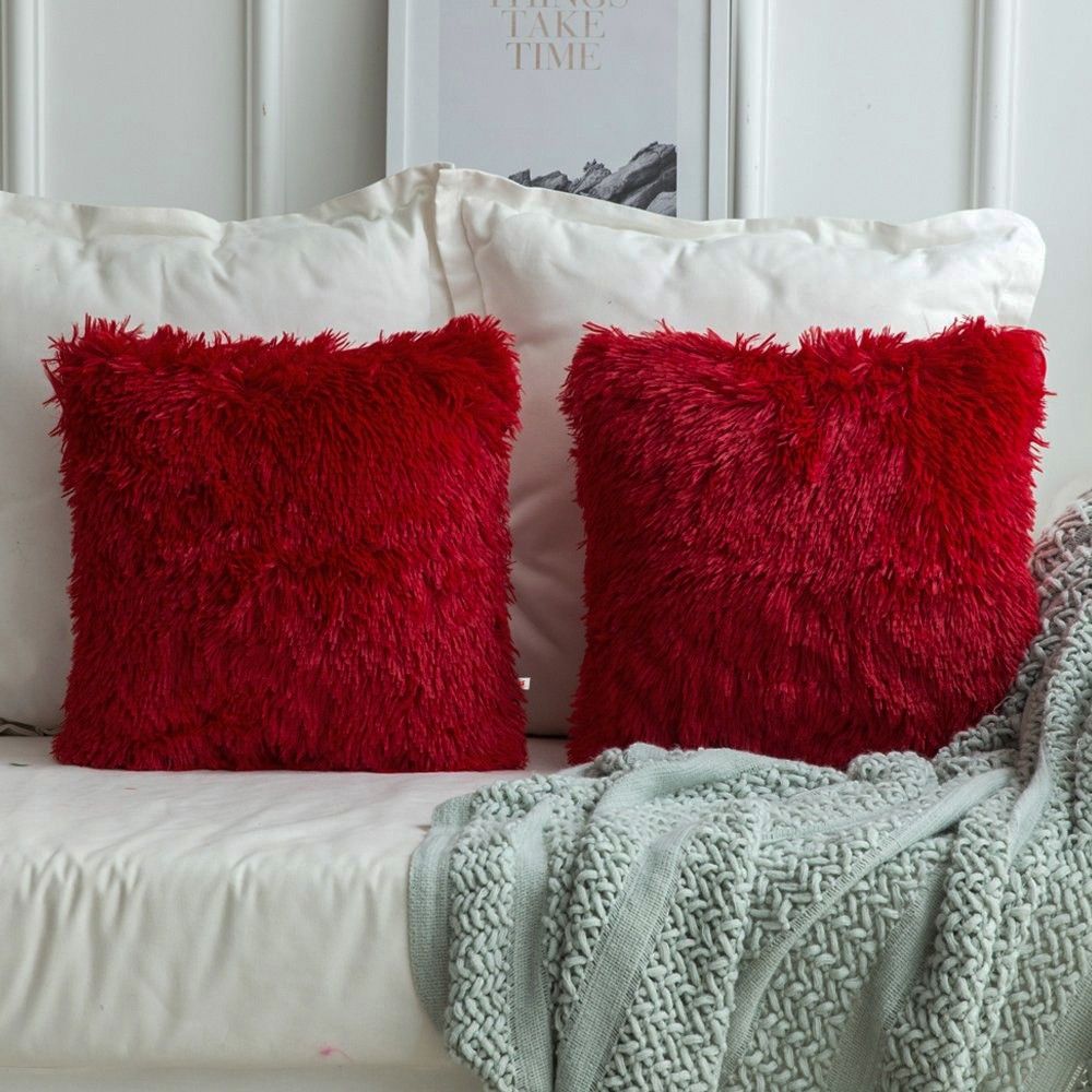 Square shape cushion Red fur pillow set with zipper Microfibre Solid Cushion Pack of 2-image-45