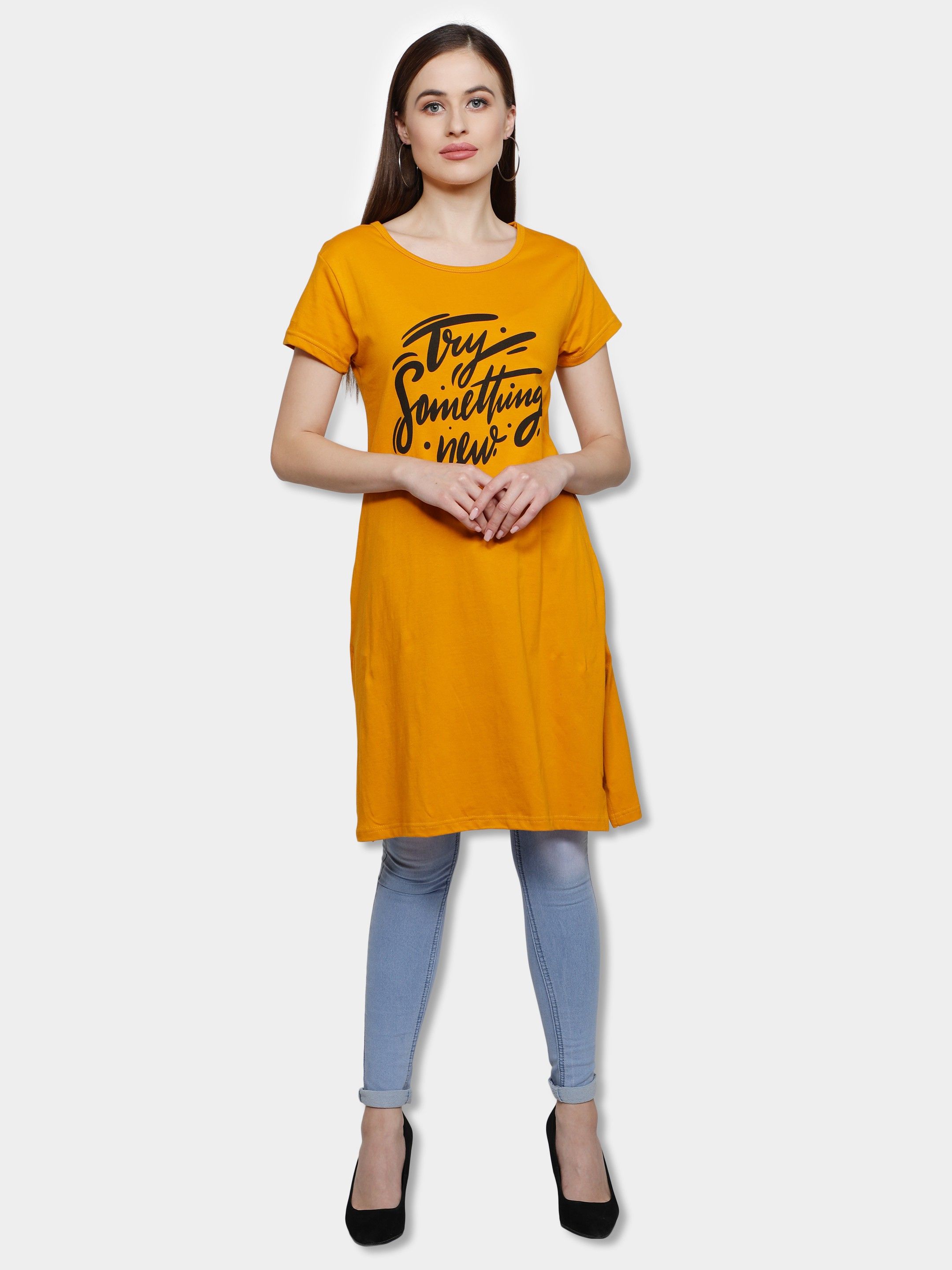 fleximaa Womens Long Top Chest Printed With Side Cut Women Typography Round Neck Pure Cotton Yellow T-Shirt-picture-37