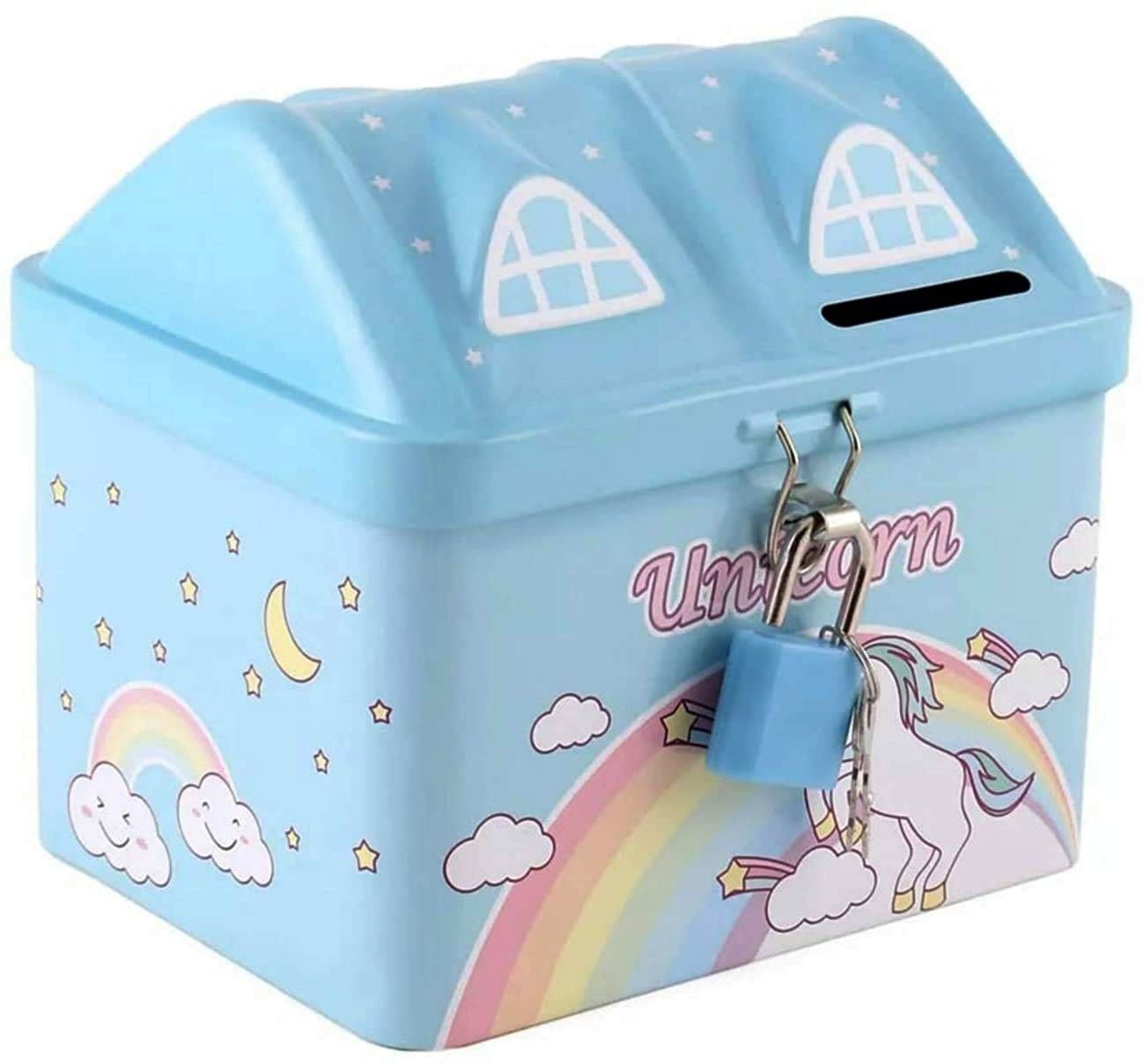 Top selling Unicorn Hut House Shape Metal Piggy Bank with Lock & Keys, Coin Bank-image-33