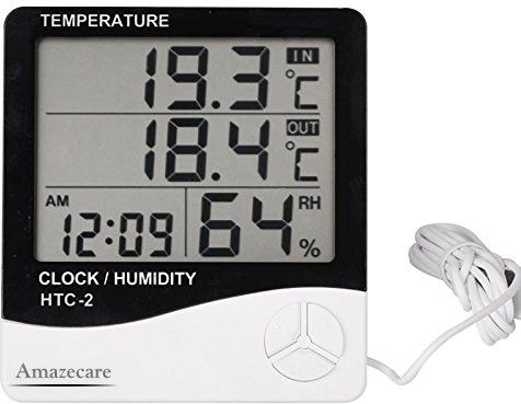 HTC-2 Hygrometer Electronic Thermo Hygro with External Sensing Probe Humidity Meter Tester + Temperature Meter + Alarm Clock + Time with Pin-Type Digital Moisture Measurer All-in-One Digital Moisture Measurer
