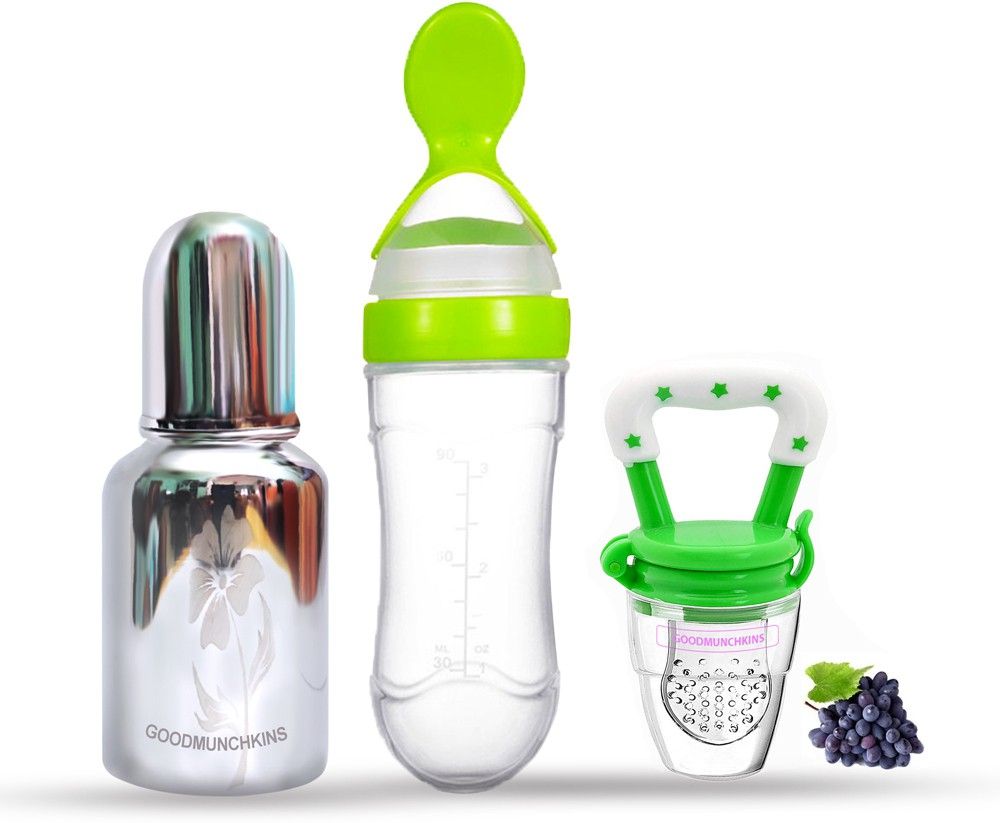 goodmunchkins Stainless Steel Feeding Bottle(150ml) Silicone Spoon Feeder (90ml) & Fruit Feeder for Babies -304 SS-No Joints-Anti Colic Silicon Nipple-Food Grade Silicon Feeder BPA Free Pack 3 - 150 ml-picture-17