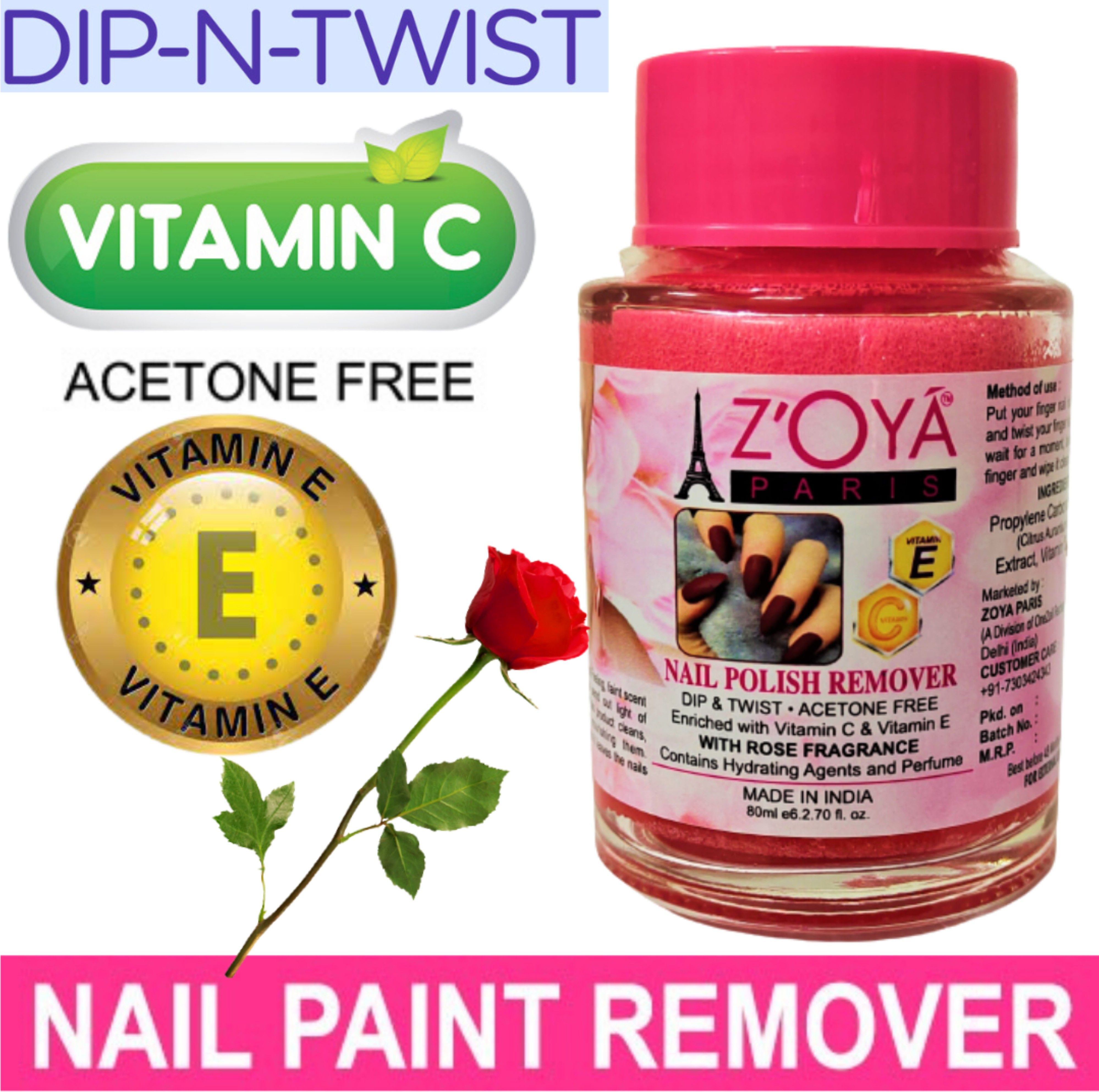 Instant Dip & Twist Nail Polish Remover - Acetone Free, Enriched with Vitamin C or Vitamin E with ROSE Fragrance. Contains Hydrating Agents & Perfume.( 1 PACK ).-image-2