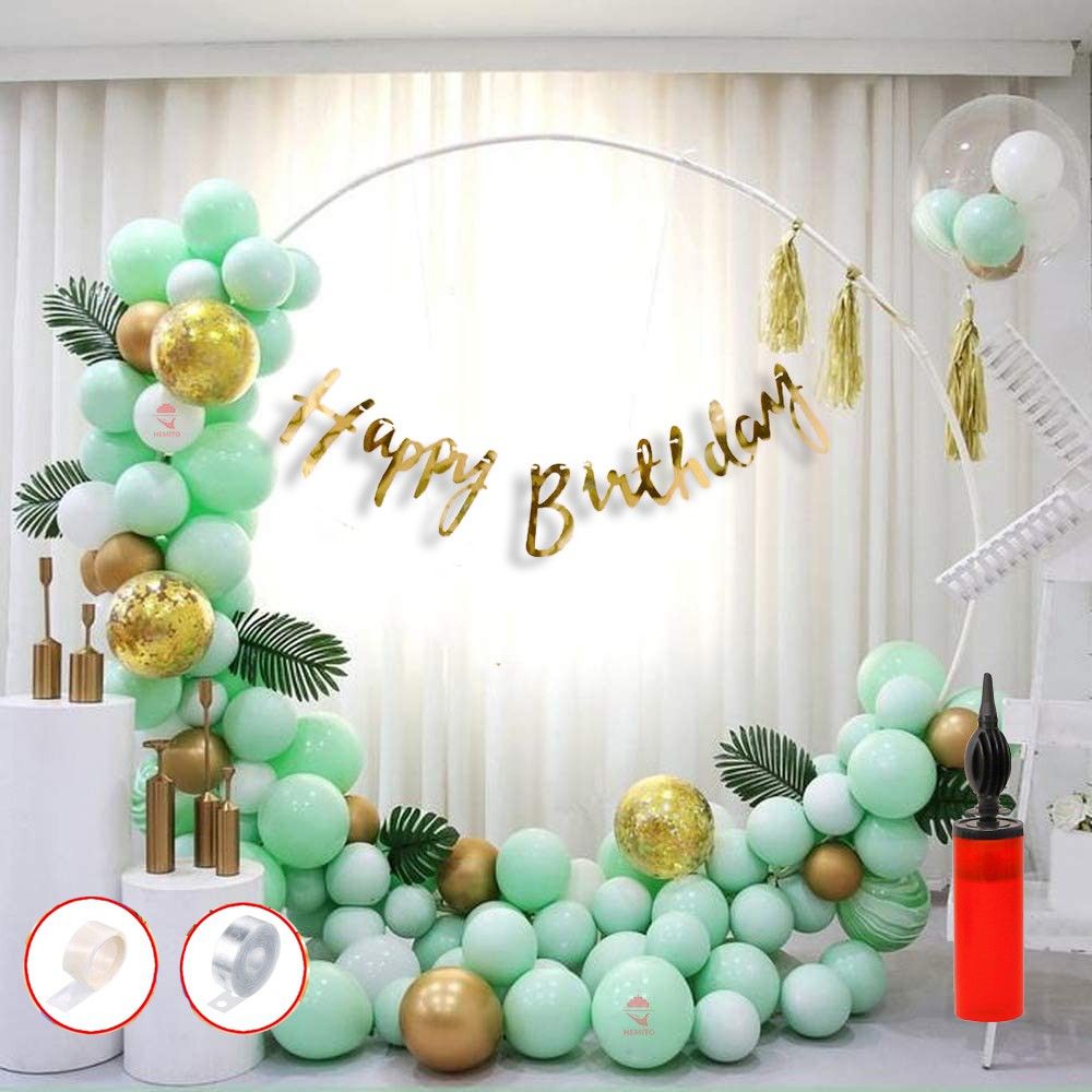 hemito Happy Birthday Decoration Kit 62 pc Combo with Cursive Gold Birthday Banner 50 Pc Green White Pastel Balloon 5 Pc Gold Chrome Balloon 3 Pc Rose Gold Confetti Balloons with Balloon Pump Balloons Glue Dot Arc for Boys Girls Premium Birthday Decoration Kit-picture-13