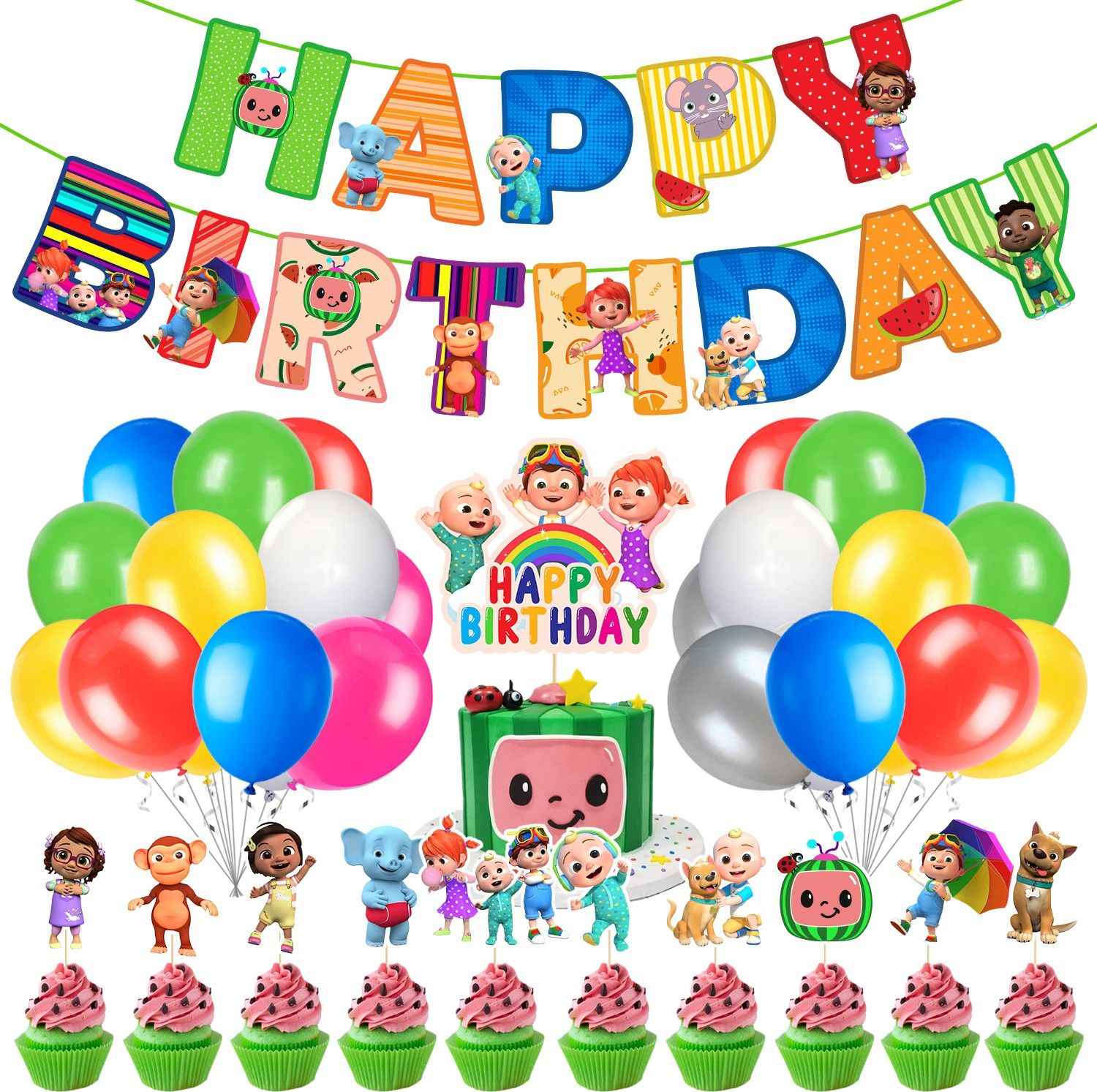 zyozi Cocomelon Birthday Party Supplies, Birthday Party Decorations Include Happy Birthday Banner, Cake topper, Cupcake toppers & Latex Balloons , Birthday Party Favor for Kids (Pack of 37)-picture-12