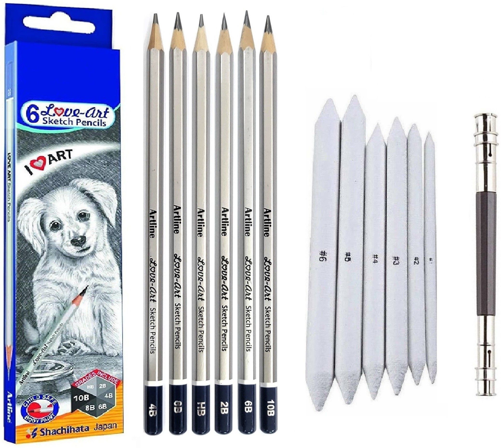 Artline Set of 6 Love-Art Sketch Pencils + Blending/Smudging Stumps Set of 6 (Size 1 to 6) and Adjustable Dual Head Pencil Extender for Graphite and Charcoal Pencils-image-41