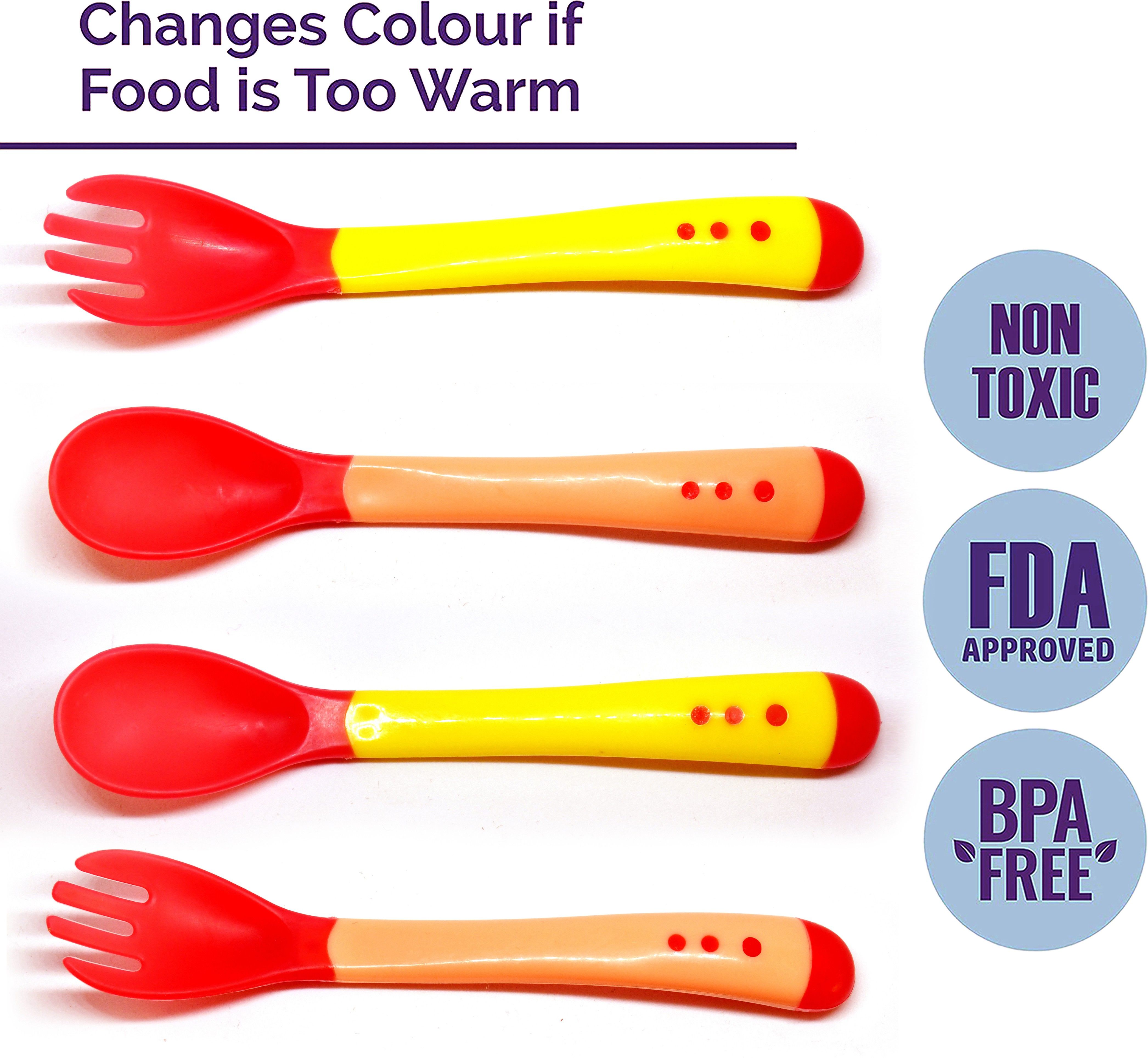 Silicone Tip Heat Sensitive Silicone Spoons | Temperature Sensing Spoons | Spoon & Fork Set (Red & Yellow, Pack of 4)- Silicon-image-26