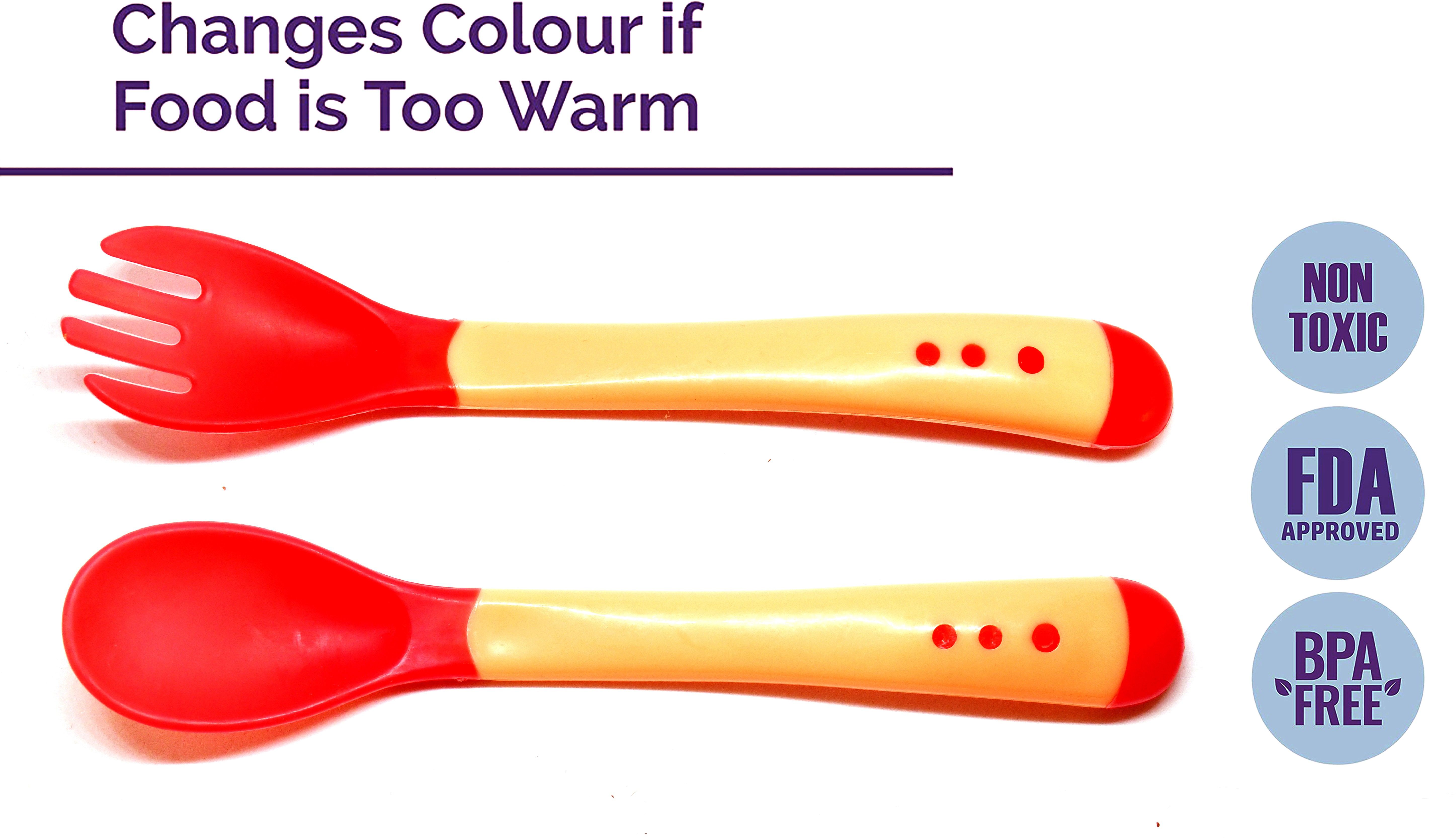 Silicone Tip Heat Sensitive Silicone Spoons | Temperature Sensing Spoons | Spoon & Fork Set (Red, Pack of 2)- Silicon