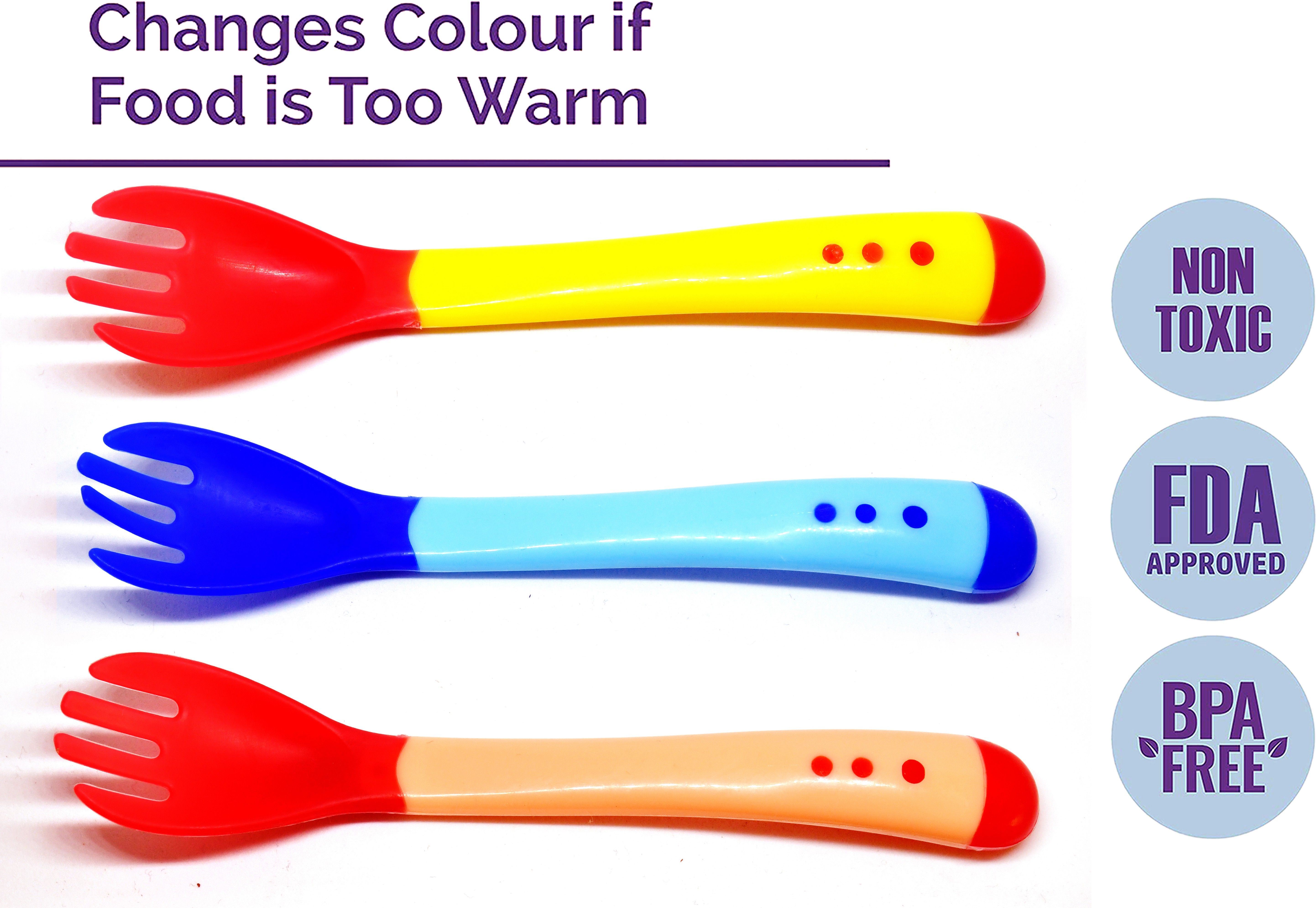 Silicone Tip Heat Sensitive Silicone Spoons | Temperature Sensing Spoons | Fork Set (Red, Blue & Yellow, Pack of 3)- Silicon-image-35
