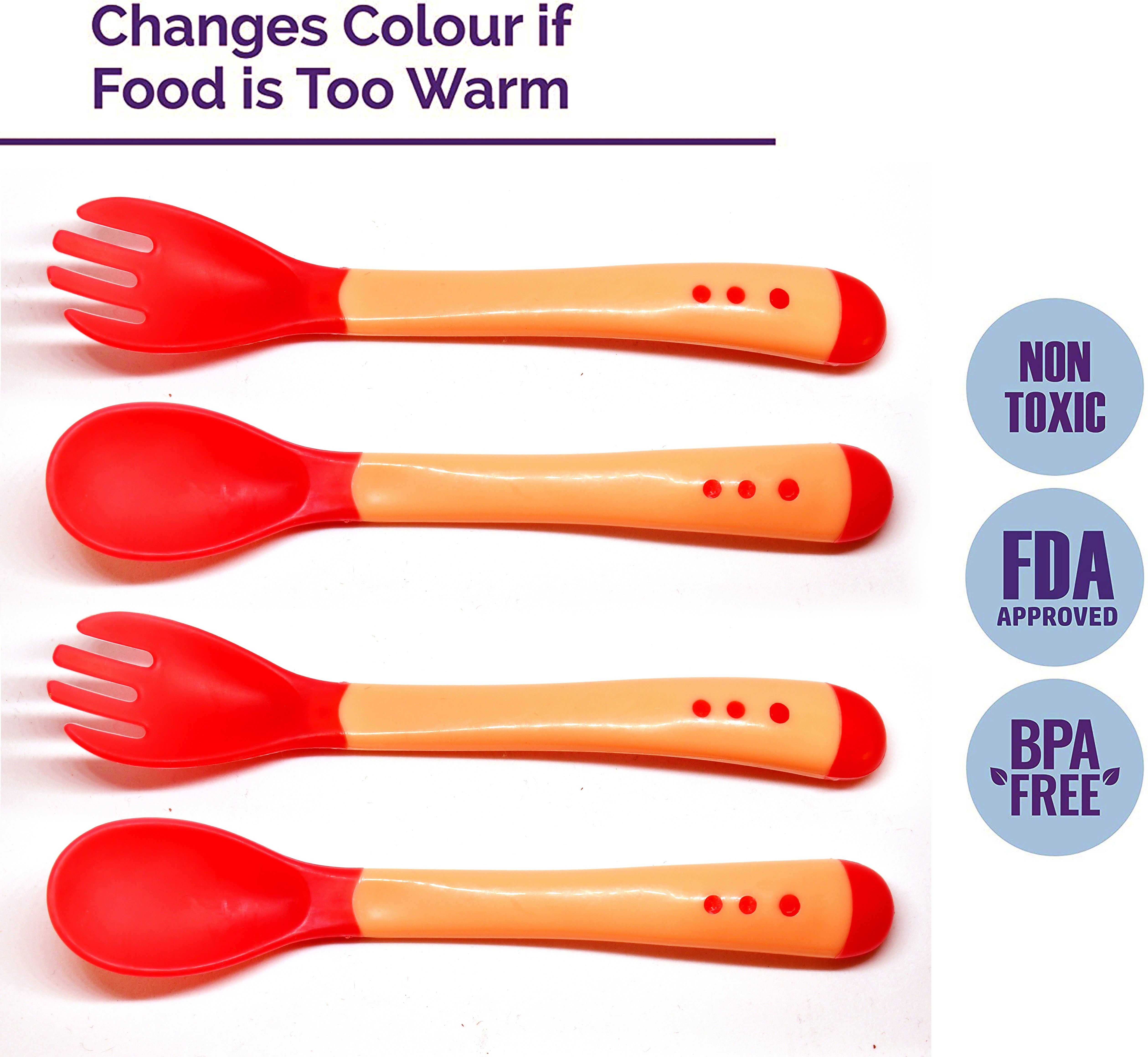 Silicone Tip Heat Sensitive Silicone Spoons | Temperature Sensing Spoons | Spoon & Fork Set (Red, Pack of 4)- Silicon-image-25