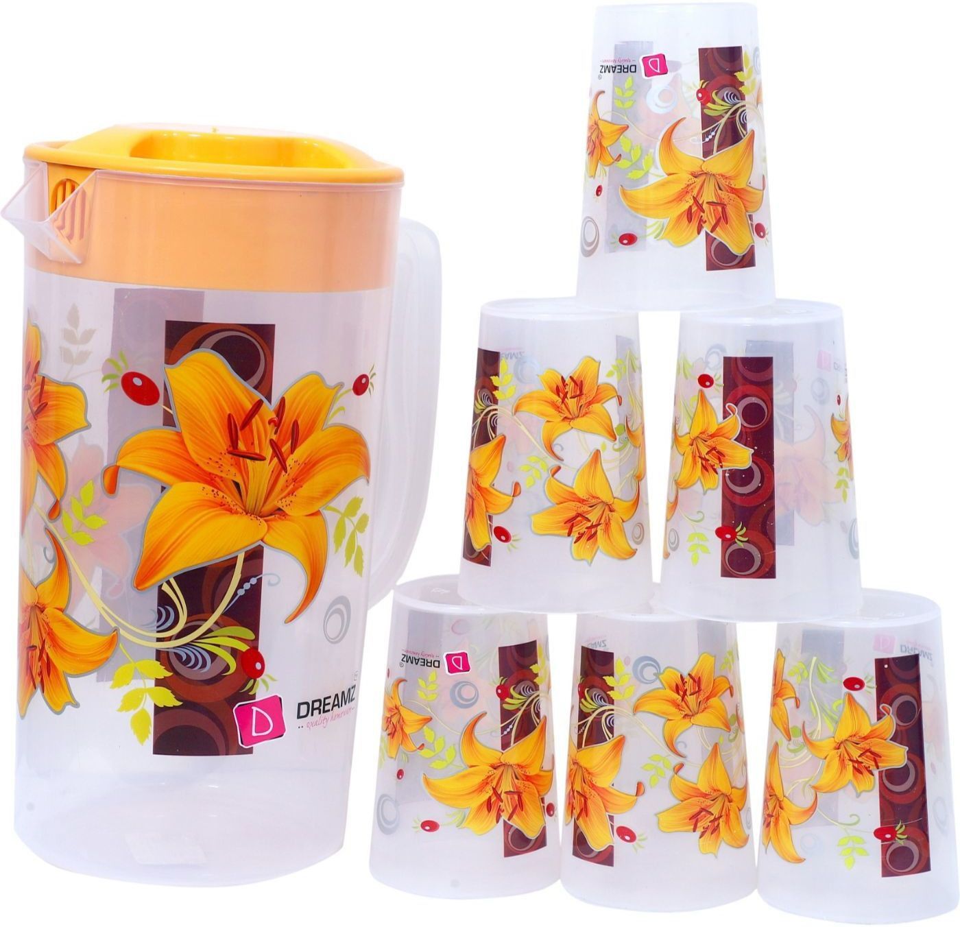 Unbreakable Transparent Heavy Plastic Flower Print Jug(2.5 Litre) & 6 Glass(200ml) Set for Drinking Water, Milk, Juice & Cold Drink for Home & Office Use Jug Set Mug Set With Drinking Glass Orange Jug Glass Set-image-23