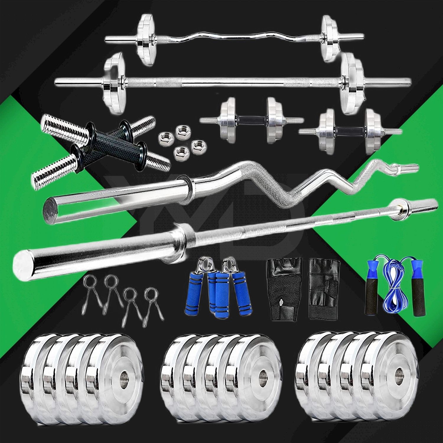 ymd 50 kg Steel Plates (5KGX4, 2.5KGX4, 10KGX2) + 3FT Curl & 5FT Straight 28mm Rod + 2 Dumbbell Rod + Hand Gloves + Skipping Rope + 4 lock + Hand Grip + Home Gym Combo-picture-21