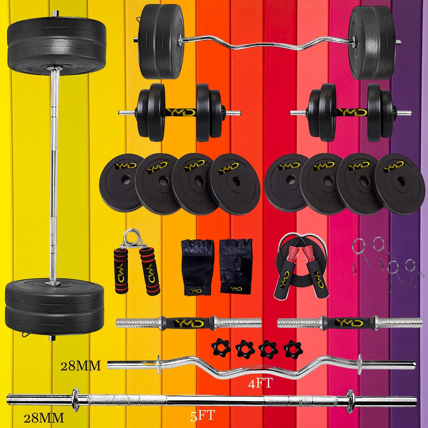 ymd 30 kg Rubber Plate [2.5Kgx4, 5Kgx4] One 4ft Curl and 5ft Straight 28mm Rod, 2 Dumbbell Rod, 1 Hand Grip, 1 Skipping Rope, 1 Glove Set, 4 lock Home Gym Combo-picture-30