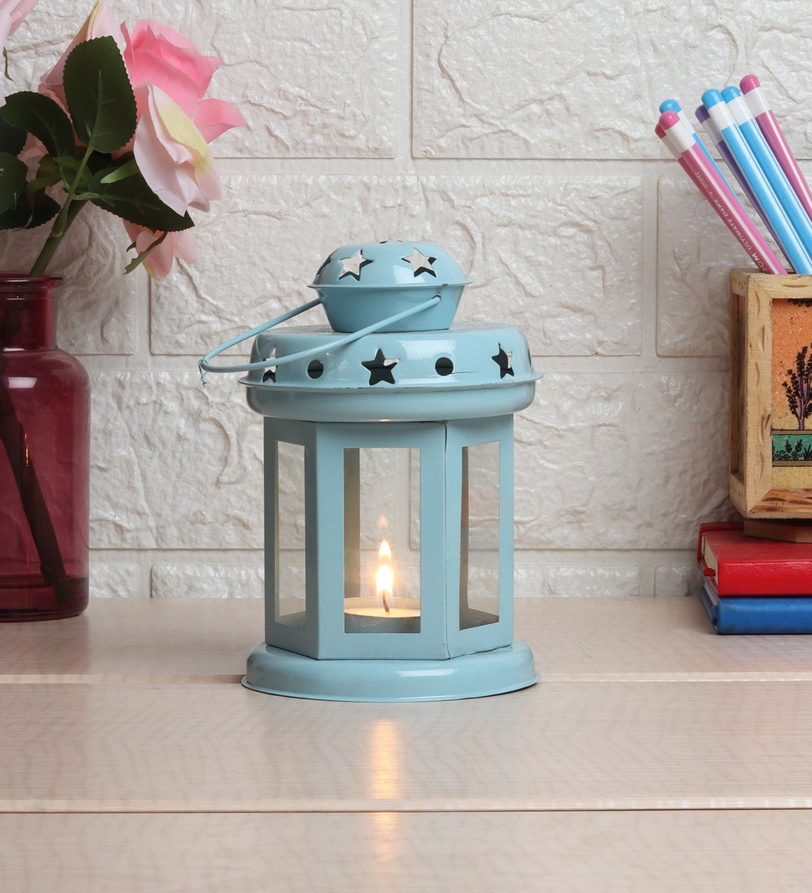 Sky Blue Metal Hanging Tea Light Decorative Lantern Blue Metal Hanging Lantern-image-41