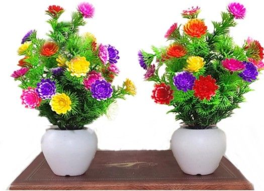 Artificial flower for home decoration pair set of 2 small table plant for office ,balcony ,dining table. yellow orange pink purple colour plant real look grass best product for gift. Bonsai Wild Artificial Plant with Pot-image-28
