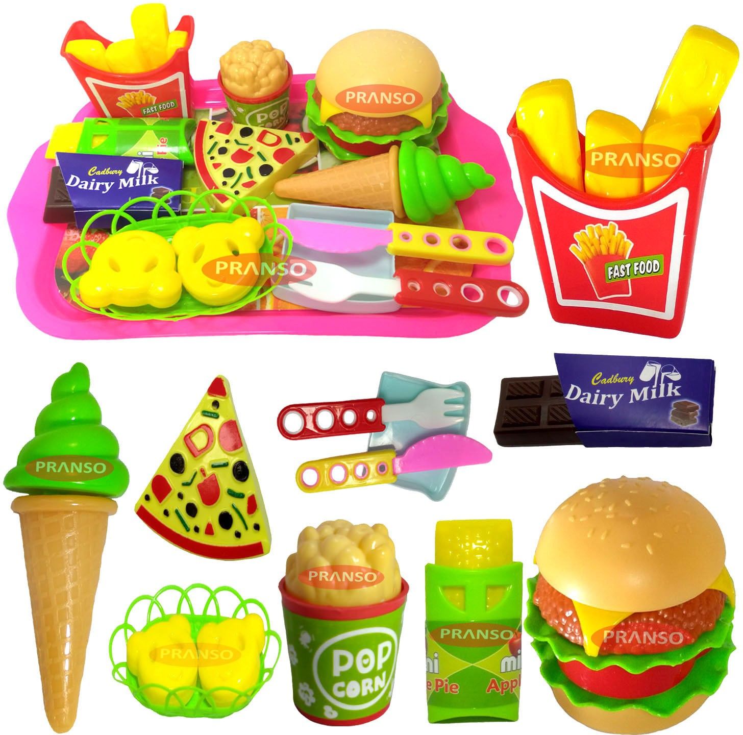 Barger Pizza Toy and French Fries ice Cream with Food Trey for Boys Girls Kids