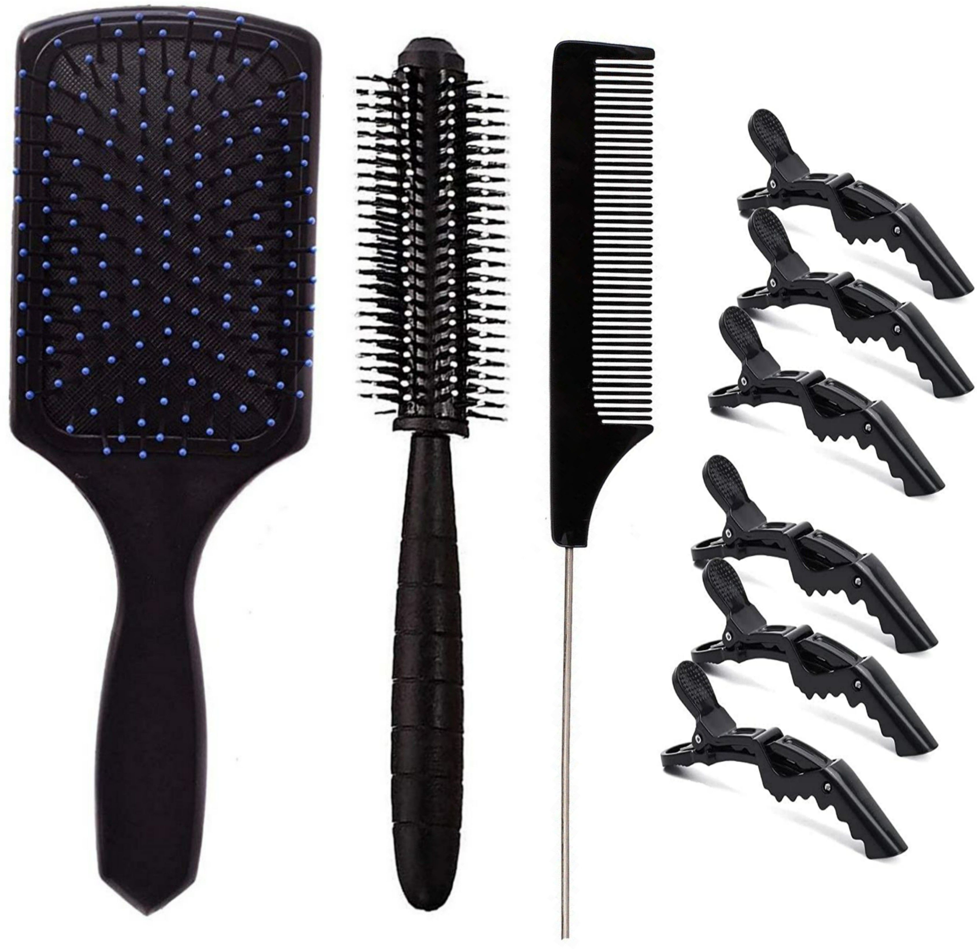 Professional Hair Styling Clips Sectioning Crocodile hair clips (6 pcs) + Rectangular Cushion Paddle Hair Brush + Round Hair Brush For Blow Drying for men & women + Carbarn Fiber Tail Pin Hair Comb For cutting sectioning styling for women man used in salon
