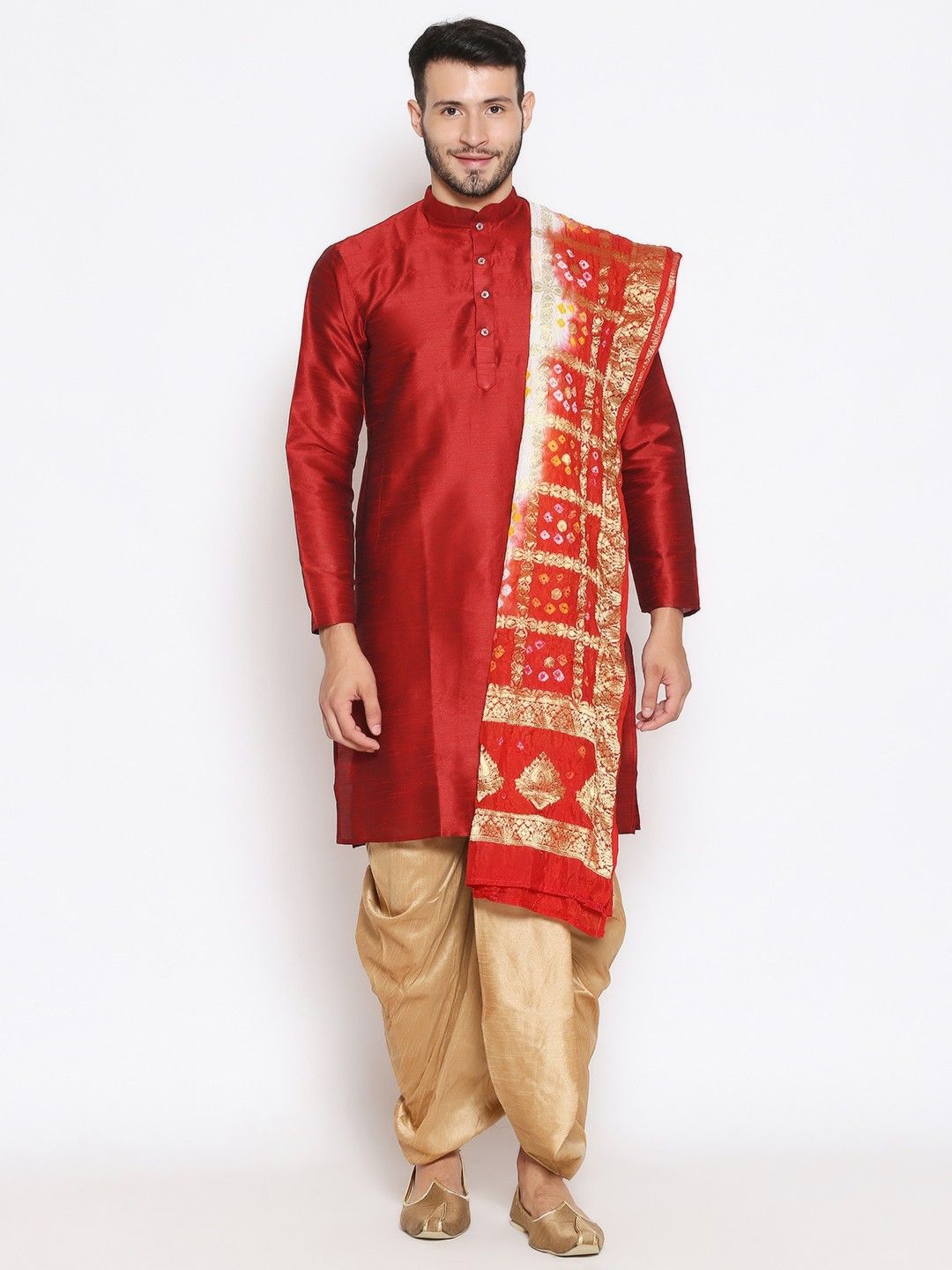 Silk Blend Floral Print Red Men Dupatta-image-4