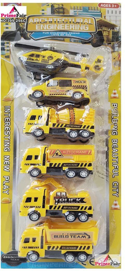 Plastic Construction Truck, Pack of 6, Push Back / Backword Forward (Multicolor) (Yellow, Black, Pack of: 6)