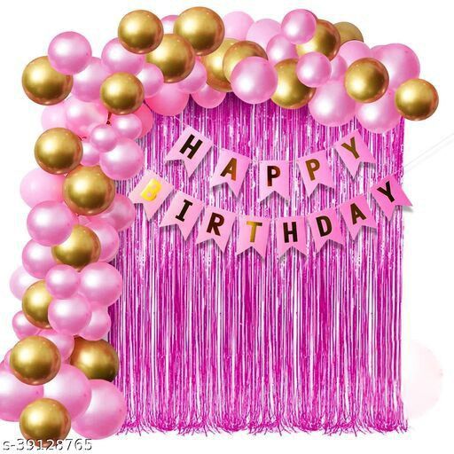 Printed Happy Birthday Banner Pink With 30 Pcs HD Metallic Balloon (Pink, Gold & White) 2 Pcs Pink Curtain Decoration Kit for Boys & Girls balloons (Pack of 33) Balloon-image-6