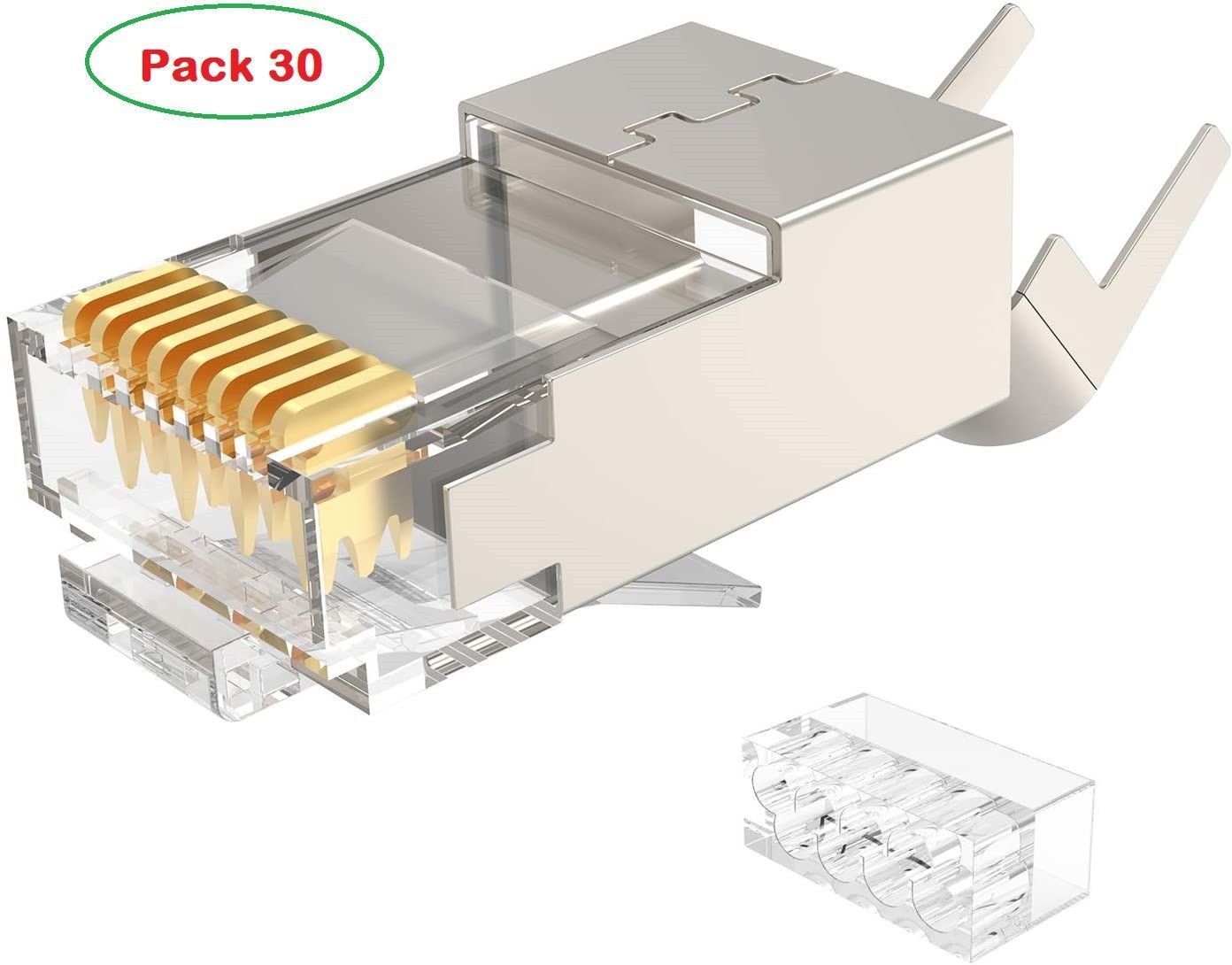 Tech-X RJ45 Cat7 & Cat6A Crimping Connectors plug - 30 Pcs, 50U Nickel Plated 3 Prong Shielded FTP/STP External Ground for 23 AWG (0.573mm) Network Cable, Metal Shielded, RJ45 8P8C Modular Plug,PACK 30 Wired Ethernet Lan Adapter compatible with Windows-image-38