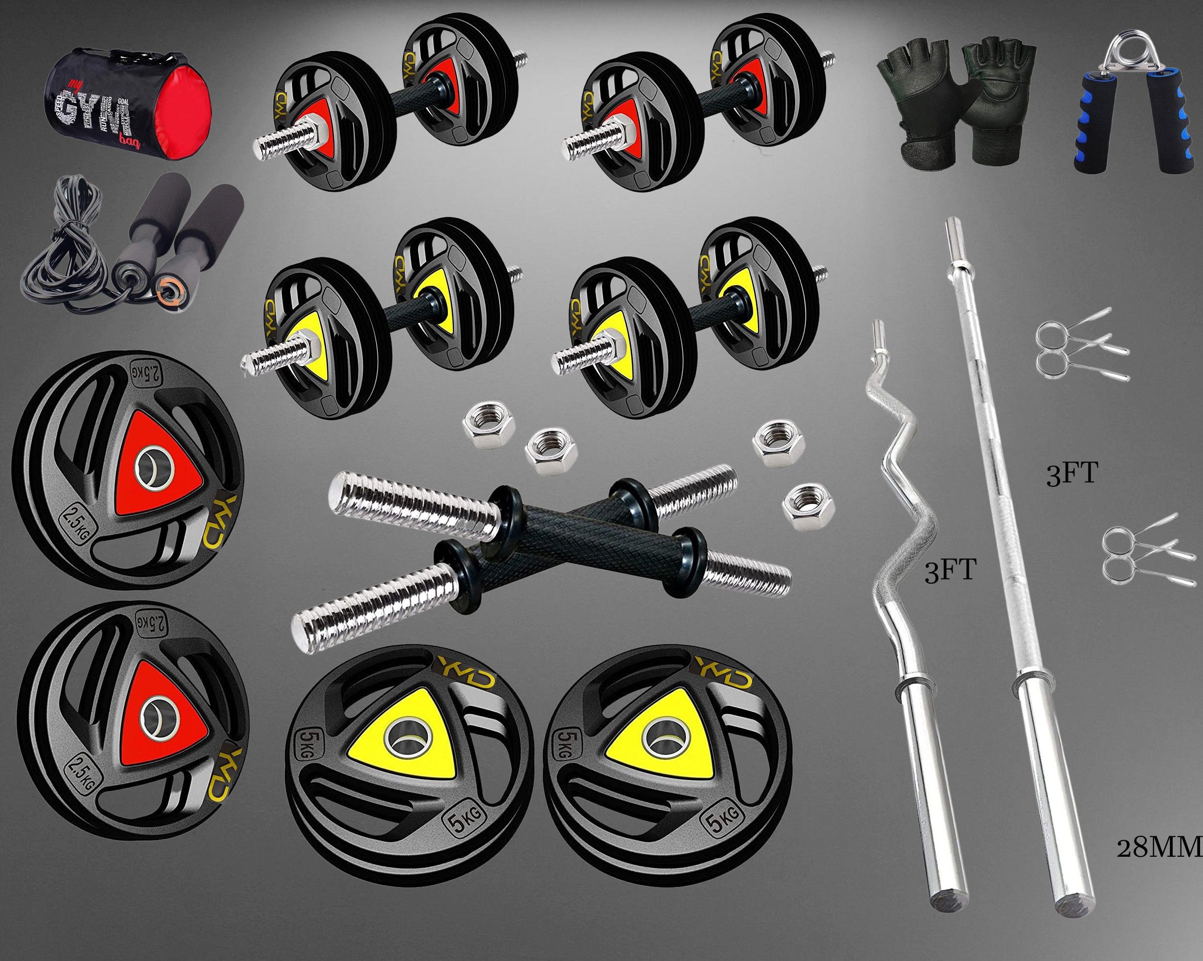 ymd 30 kg Metal Integrated Rubber Plates (2.5kgx4) + (5kgx4) + 3ft curl & Straight 28mm Rod + 2 Dumbbell Rod, 1 Glove Set, 1 HandGrip, 1 Skipping Rope,1 GYM Bag, Home Gym Combo-picture-13