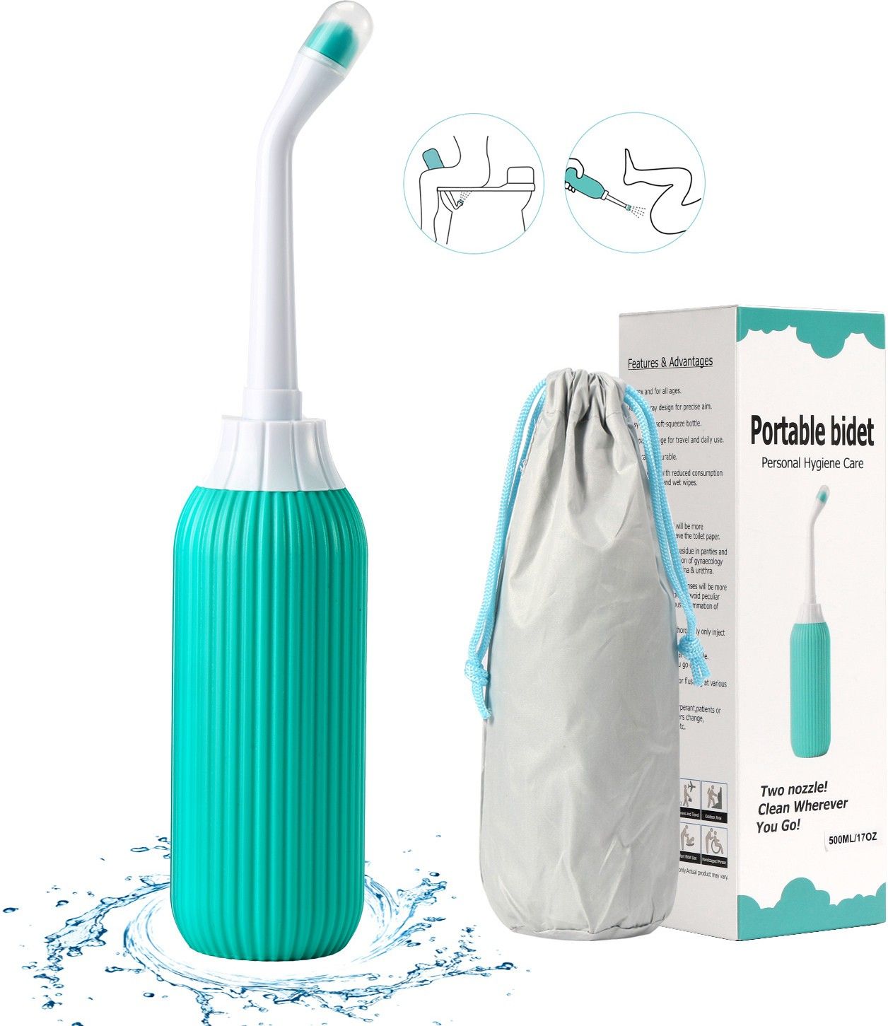 500ML Bidet Portable, Bidet Spray for Travel with Angled Nozzle Spray, Retractable Handheld Bidet Spray Portable of Antislip with Travel Bag (Green) Bidet Nozzle