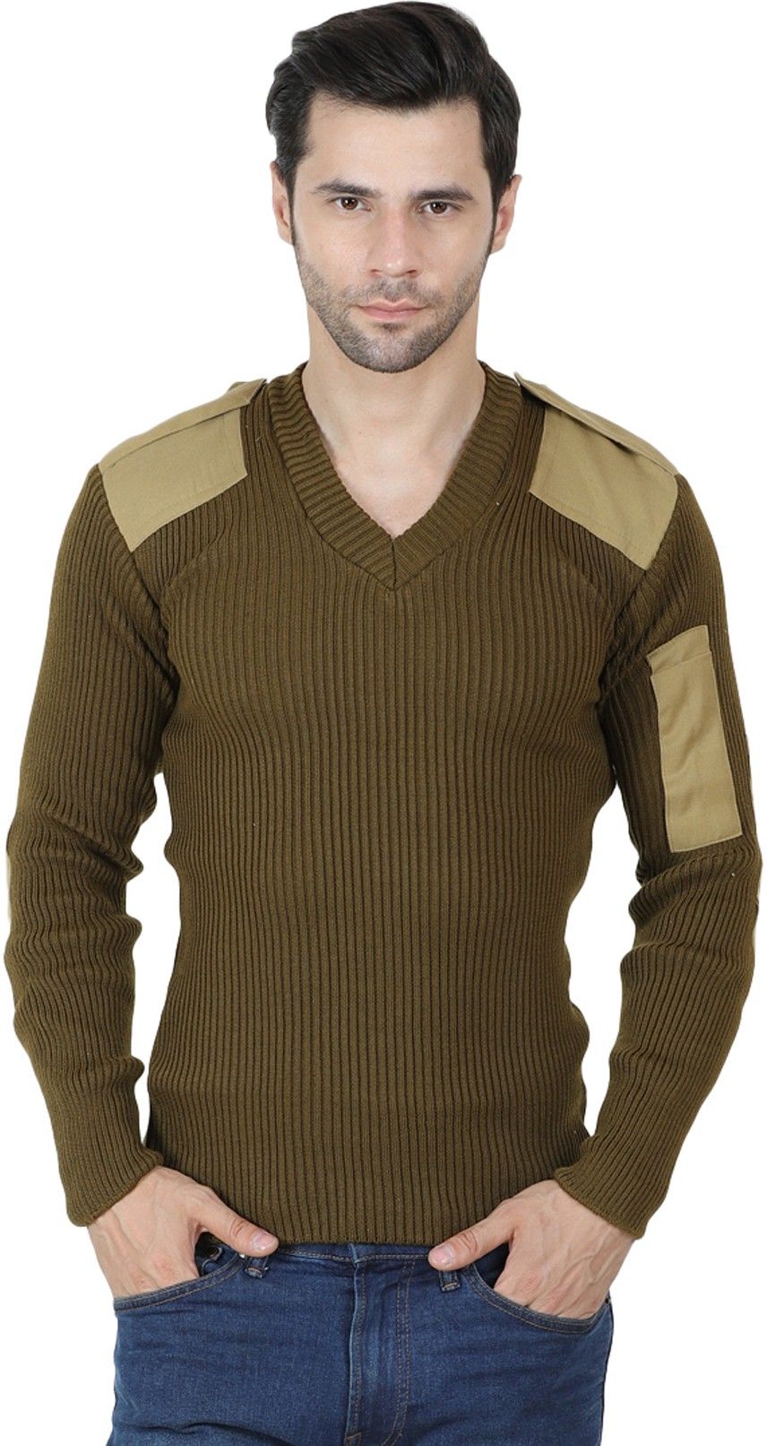 Men Colorblock V Neck Green Sweater