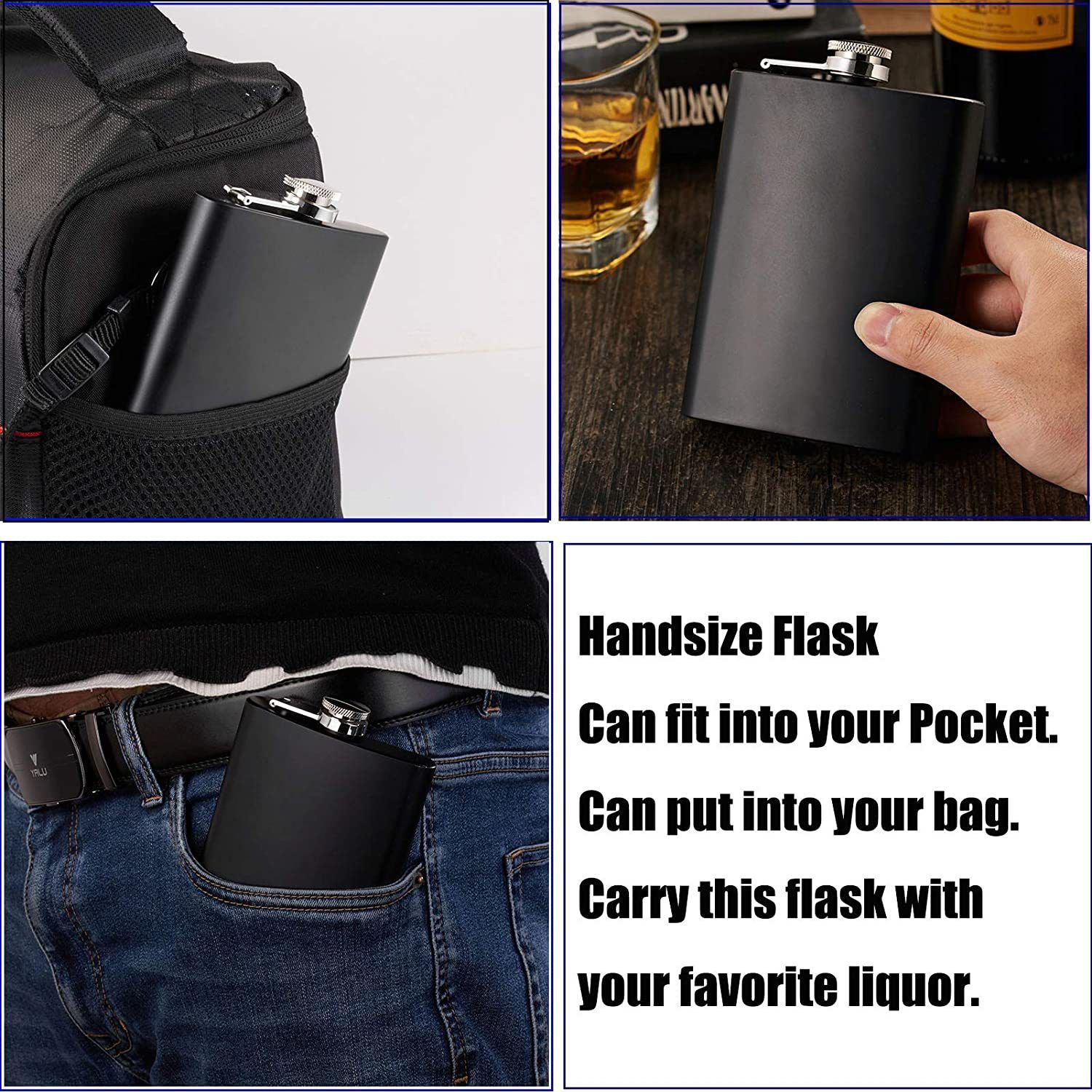 Black Hip Flask 207ml Pocket Size For Beer Vodka Whisky Drink User Stainless Steel Hip Flask-image-8