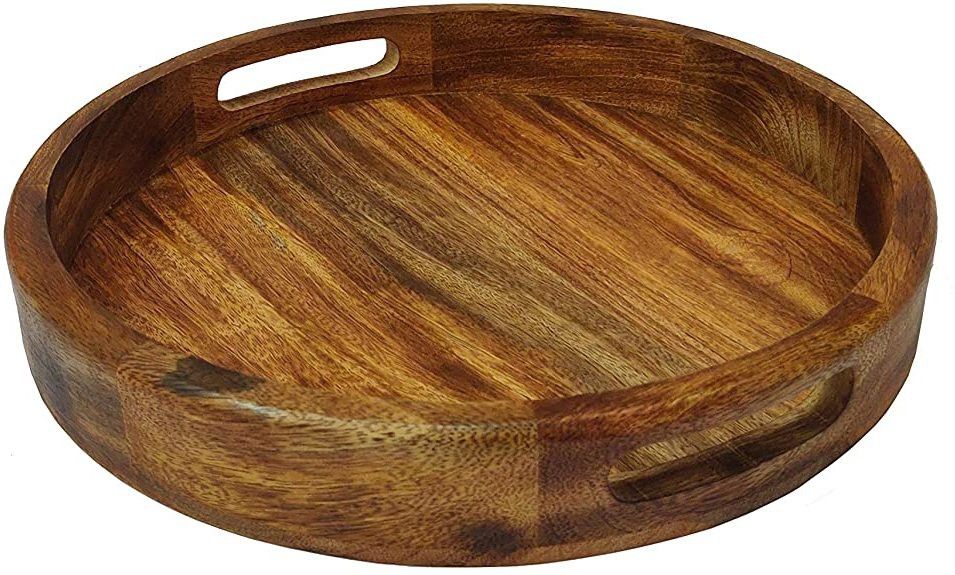 Handmade Wooden Multipurpose Round Serving Tray (Brown, 12x12x2 Inches, Walnut Finish) Tray-image-8