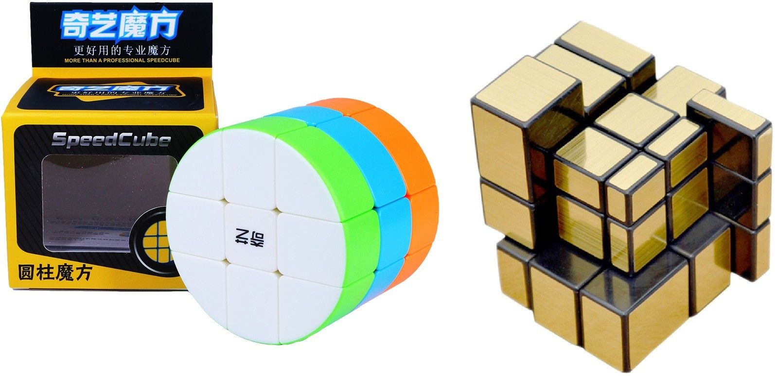 New Speed cube set of Mirror Gold Stickered Cube & Cylinder High Speed Stickerless Cube Combo pack of 2-image-0