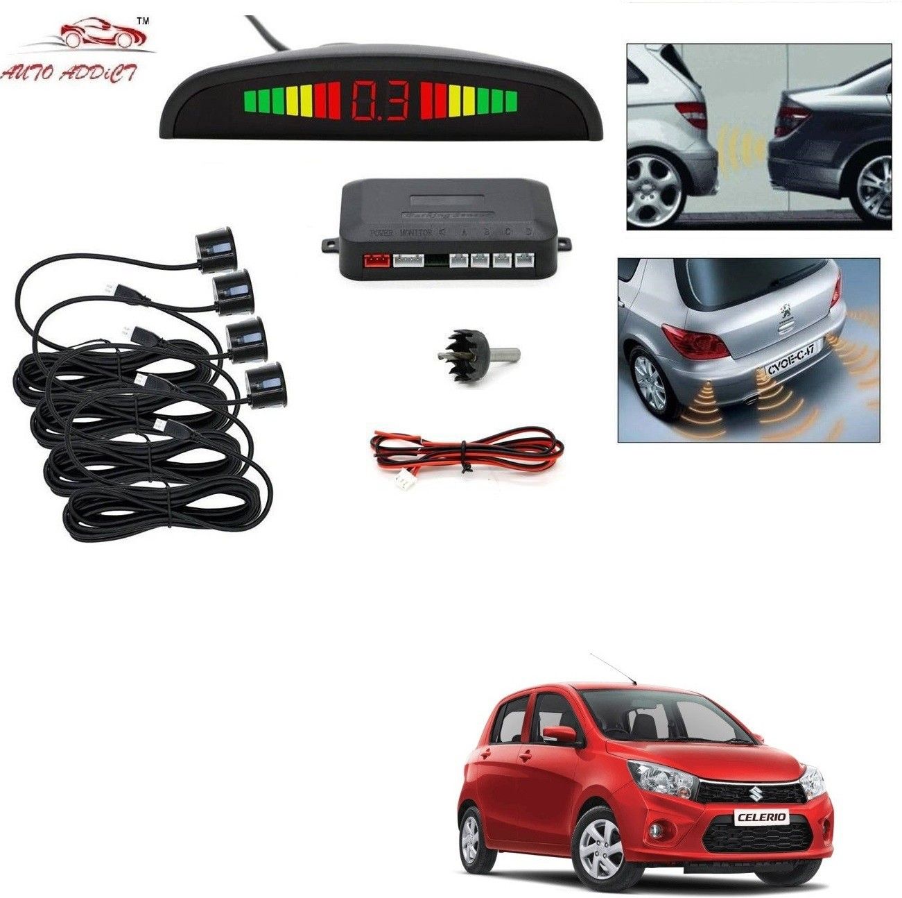 parking-sensors-black-135 Car Reverse Parking Sensor with LED Display 4 Sensor Reverse Parking Auto Radar Detectors (Black) For Maruti Suzuki Celerio Parking Sensor-image-33