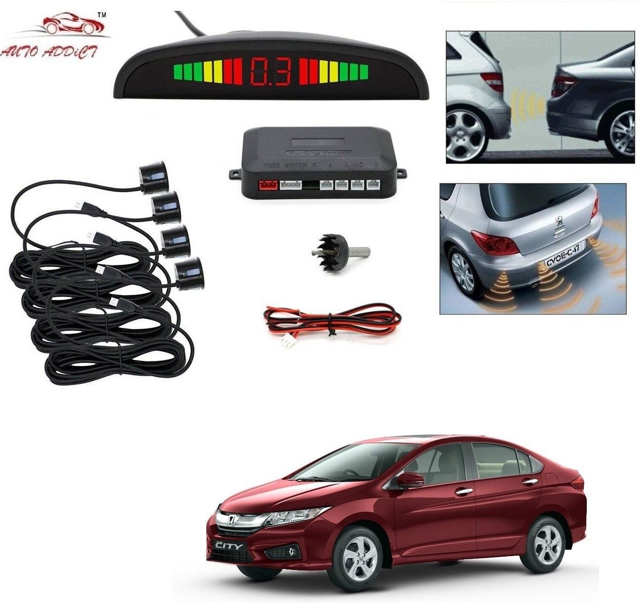 parking-sensors-black-71 Car Reverse Parking Sensor with LED Display 4 Sensor Reverse Parking Auto Radar Detectors (Black) For Honda New City Idtec(2014-Present) Parking Sensor