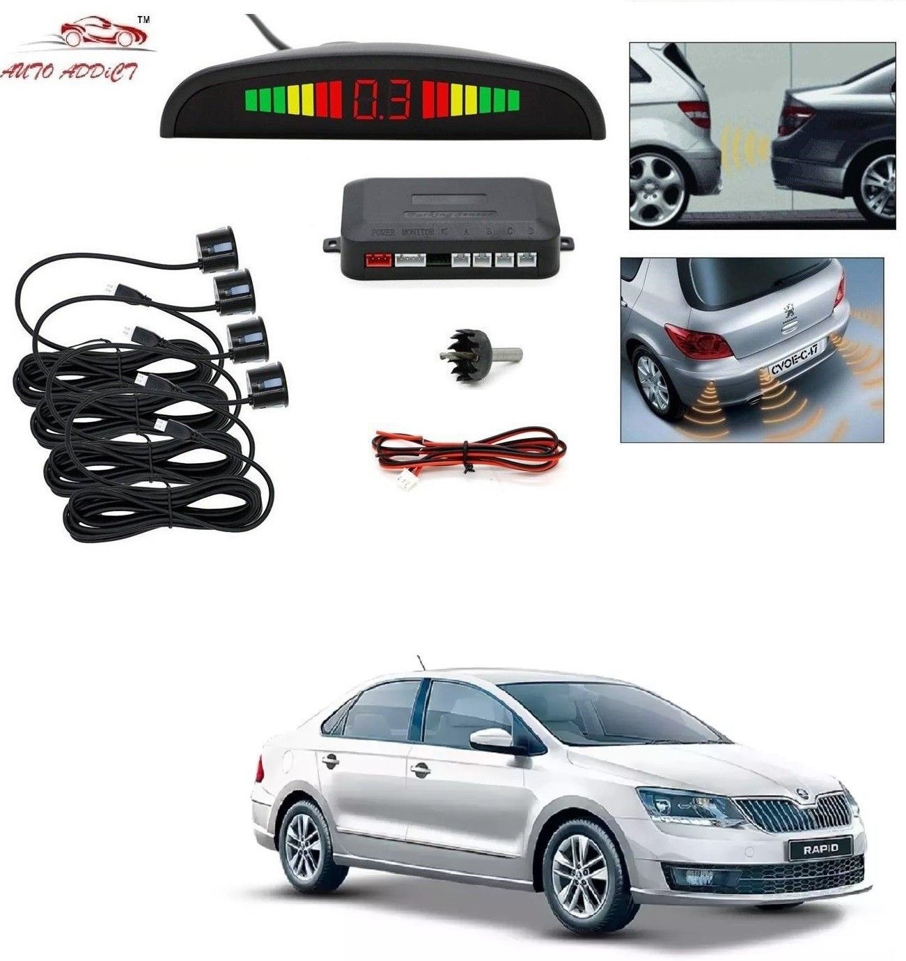 auto addict parking-sensors-black-214 Car Reverse Parking Sensor with LED Display 4 Sensor Reverse Parking Auto Radar Detectors (Black) For Skoda Rapid Parking Sensor-picture-11