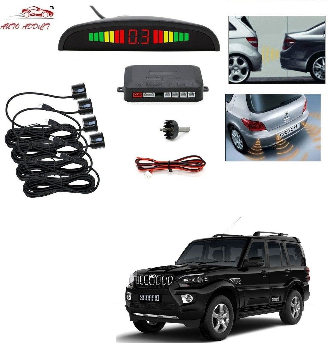 parking-sensors-black-113 Car Reverse Parking Sensor with LED Display 4 Sensor Reverse Parking Auto Radar Detectors (Black) For Mahindra New Scorpio Parking Sensor