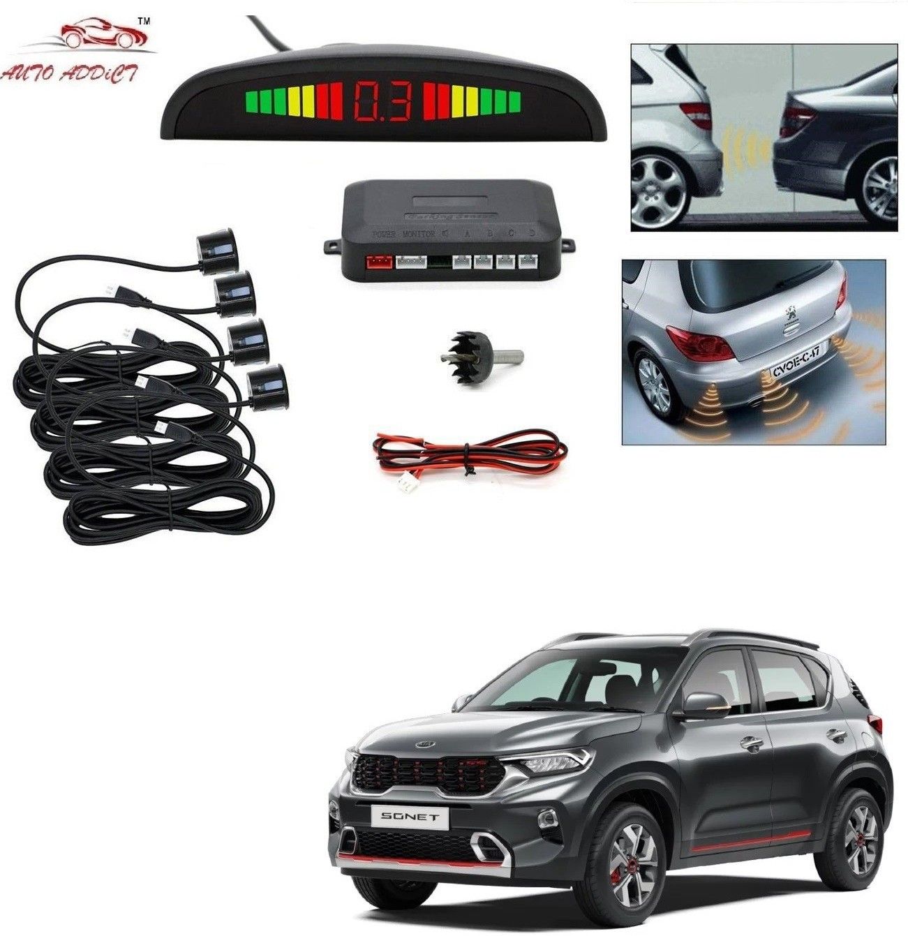 parking-sensors-black-282 Car Reverse Parking Sensor with LED Display 4 Sensor Reverse Parking Auto Radar Detectors (Black) For Kia Sonet Parking Sensor