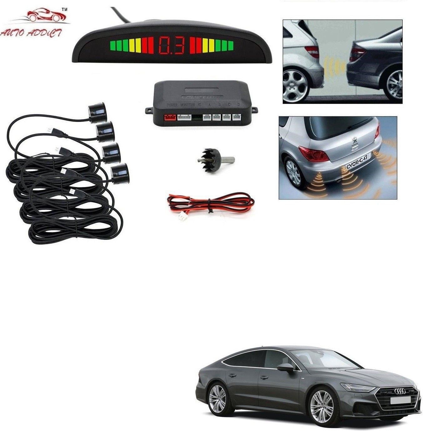 parking-sensors-black-7 Car Reverse Parking Sensor with LED Display 4 Sensor Reverse Parking Auto Radar Detectors (Black) For Audi A7 Parking Sensor