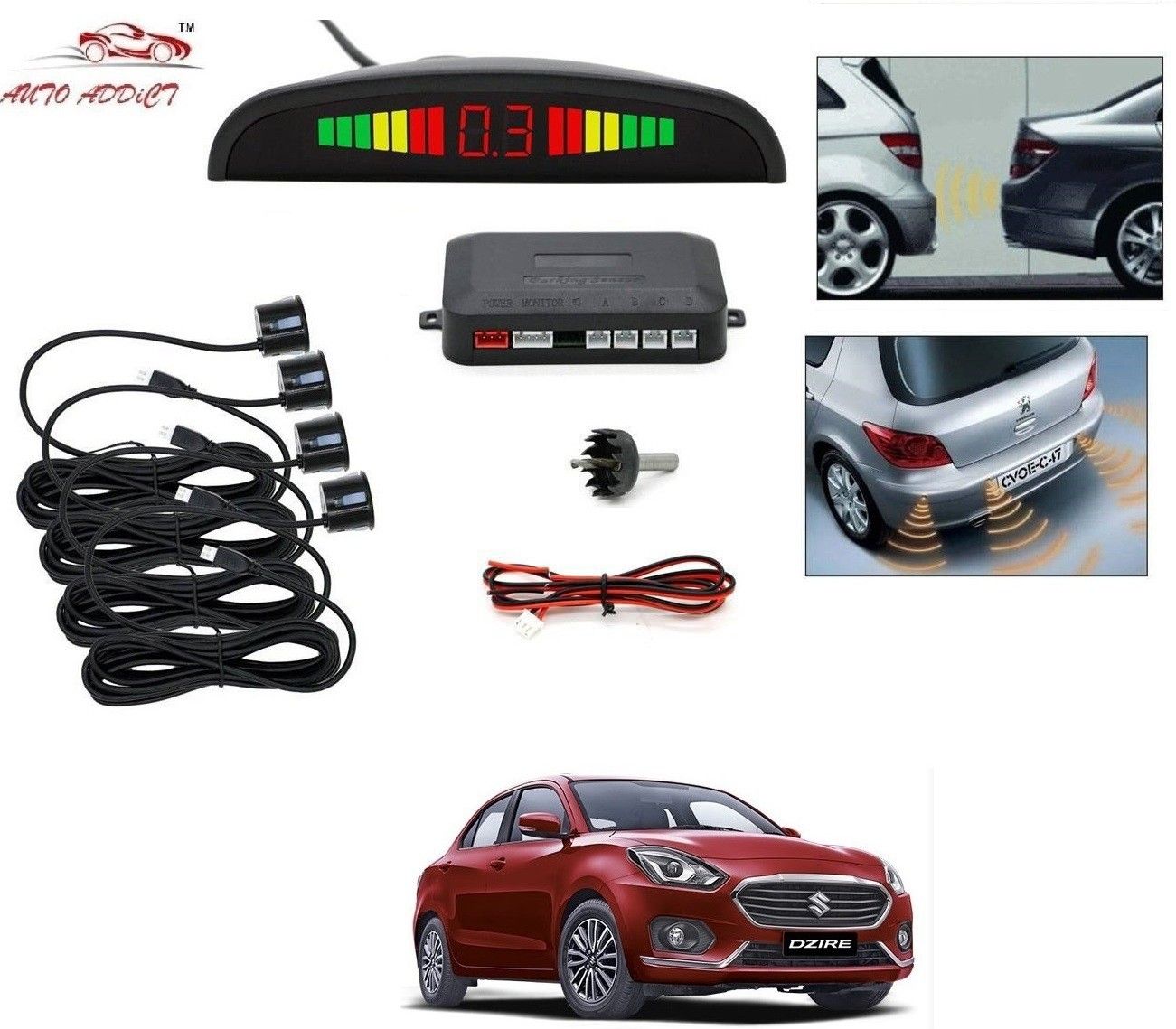 parking-sensors-black-156 Car Reverse Parking Sensor with LED Display 4 Sensor Reverse Parking Auto Radar Detectors (Black) For Maruti Suzuki Swift Dzire New 2020 Parking Sensor