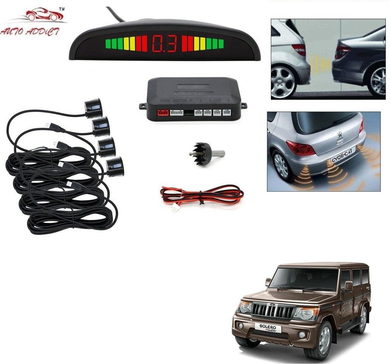 parking-sensors-black-108 Car Reverse Parking Sensor with LED Display 4 Sensor Reverse Parking Auto Radar Detectors (Black) For Mahindra Bolero Parking Sensor