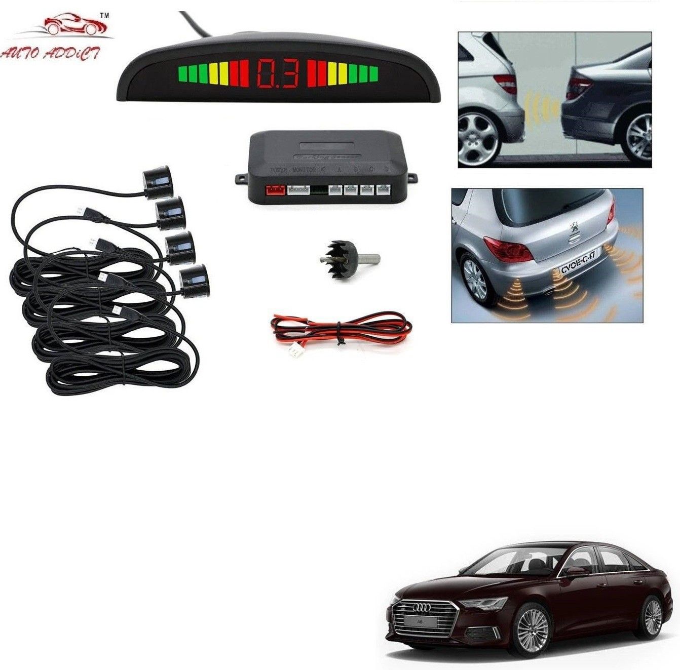 parking-sensors-black-6 Car Reverse Parking Sensor with LED Display 4 Sensor Reverse Parking Auto Radar Detectors (Black) For Audi A6 Parking Sensor-image-32