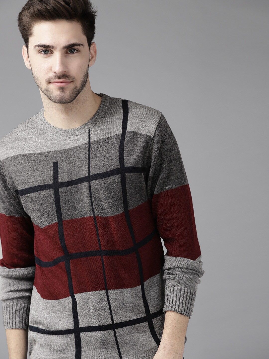 roadster Men Checkered Round Neck Grey Sweater-picture-11