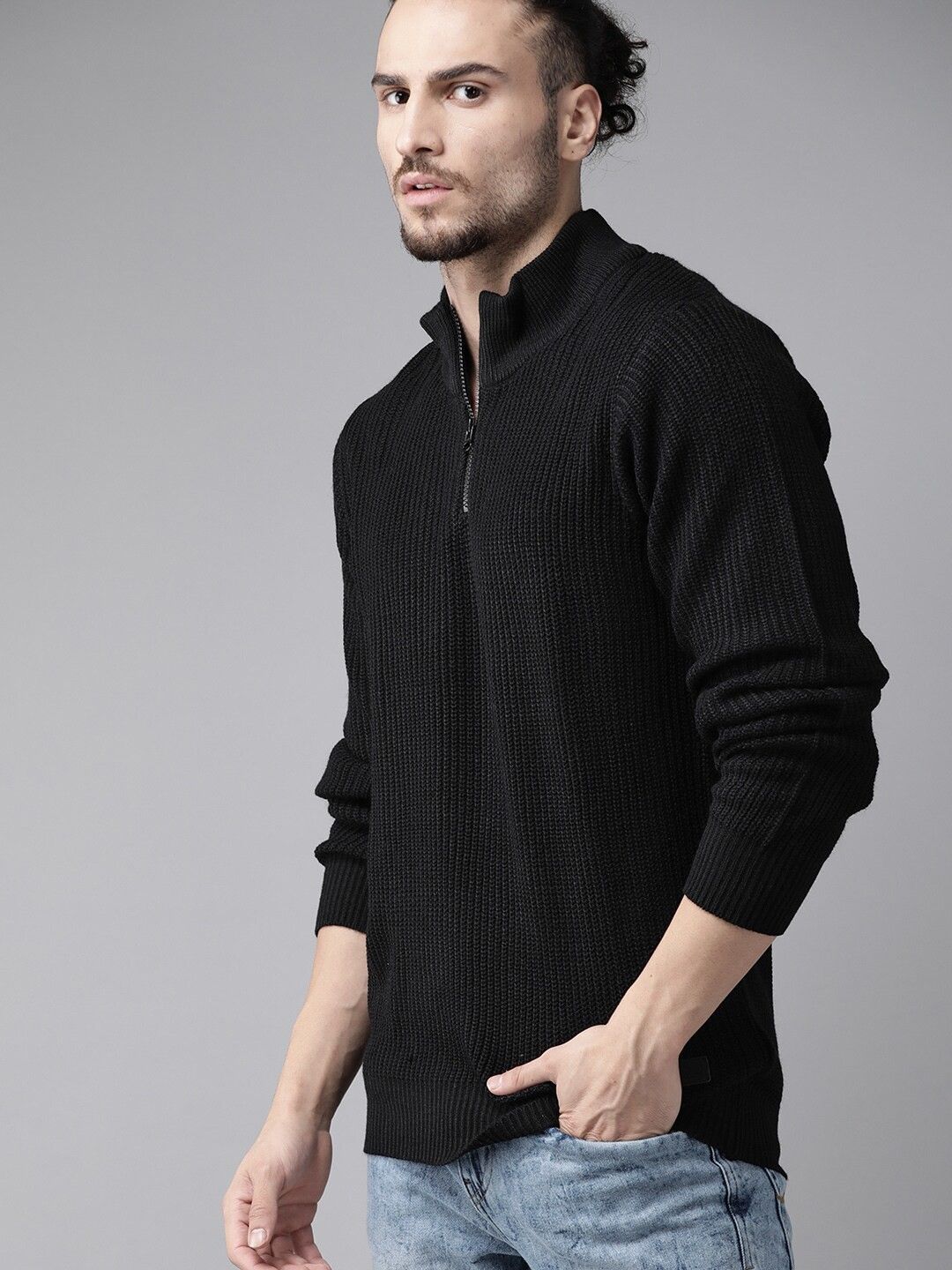 roadster Men Self Design High Neck Black Sweater-picture-20