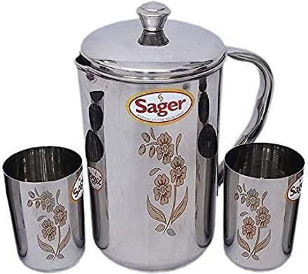 Platinum Collection Stainless Steel drinkware Set Combo of 1 Jug / Pitcher for Water Storage (2 LTR.) and 2 Pc. Glass , Mirror Finish with Permanent Beautiful Laser Design Jug Glass Set-image-32