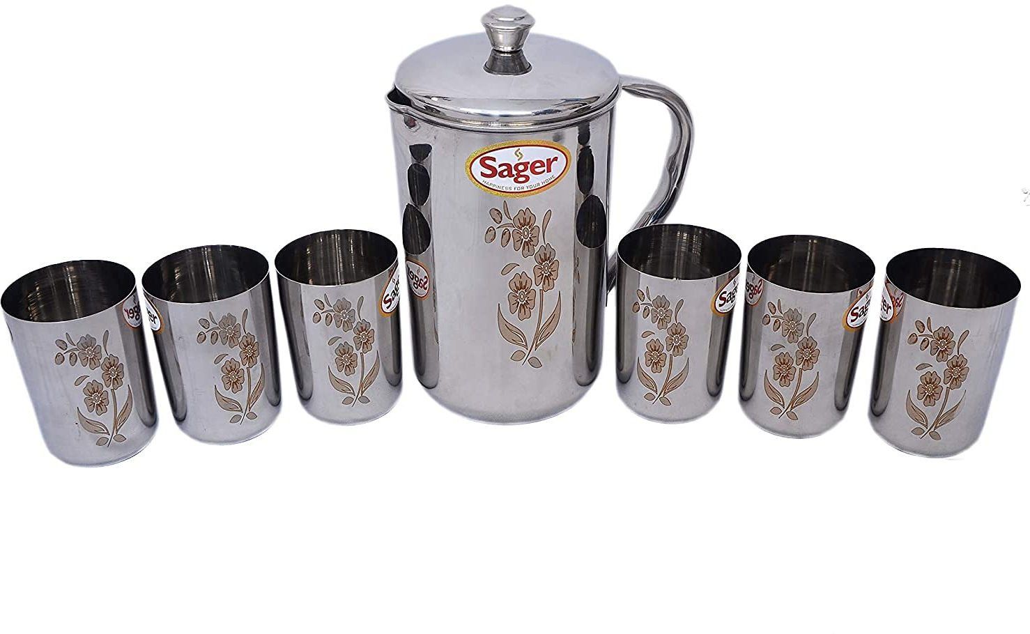 Platinum Collection Stainless Steel drinkware Set Combo of 1 Jug / Pitcher for Water Storage (2 LTR.) and 6 Pc. Glass , Mirror Finish with Permanent Beautiful Laser Design Jug Glass Set-image-26