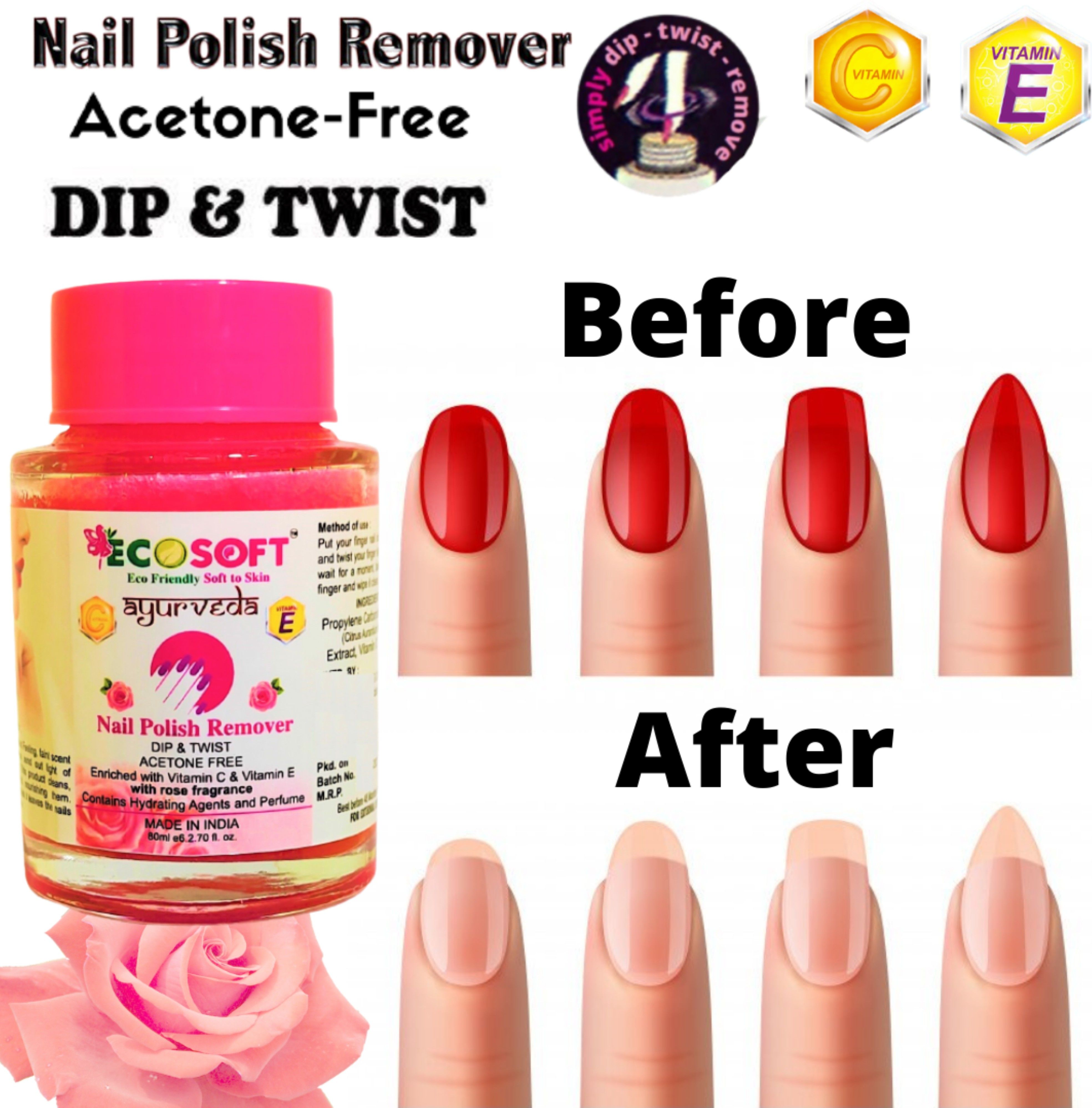 Dip & Twist ROSE Fragrance The formula is Acetone- free, contains Vitamin E & Vitamin C and will not dry or damage your nails. Ultimate Premium Dip & Twist Instant Nail Polish Remover Nail Polish Remover - Acetone Free, Enriched with Vitamin C or Vitamin E with ROSE Fragrance. Contains Hydrating Agents & Perfume.-image-7